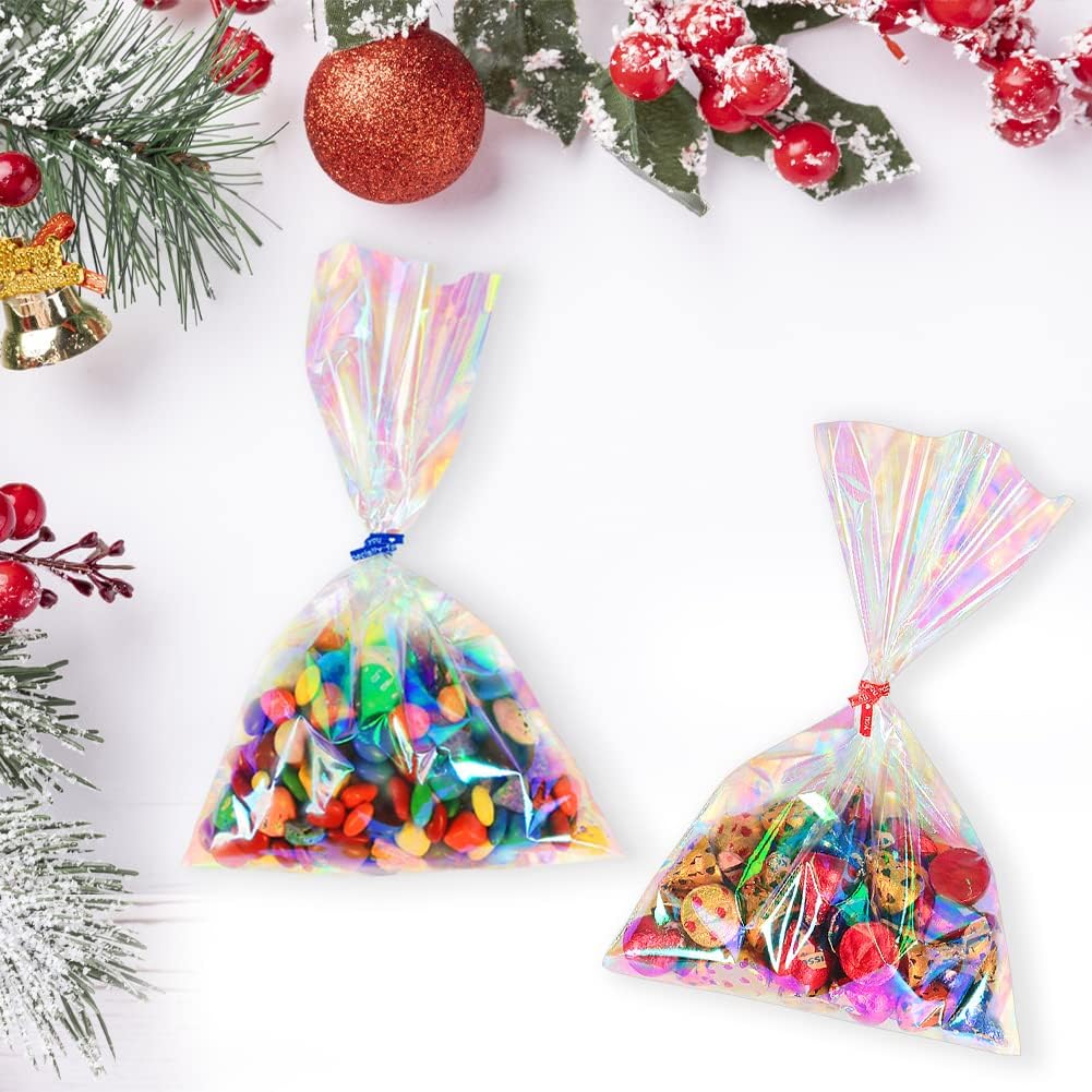 HRX Package 120pcs Iridescent Cellophane Treat Bags with Ties