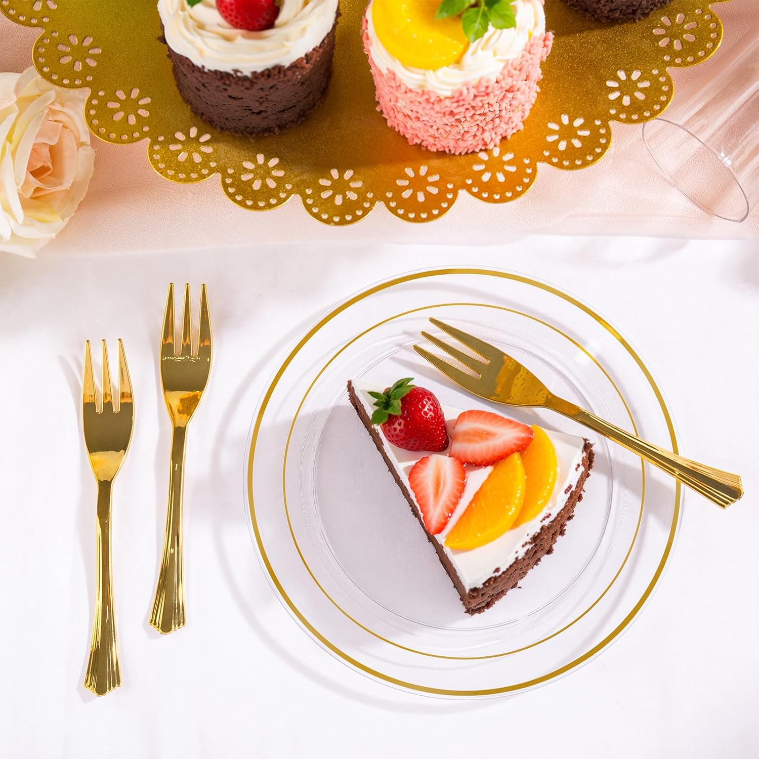 DaYammi 240Pcs Gold Appetizer Plates with Forks for Party and Wedding