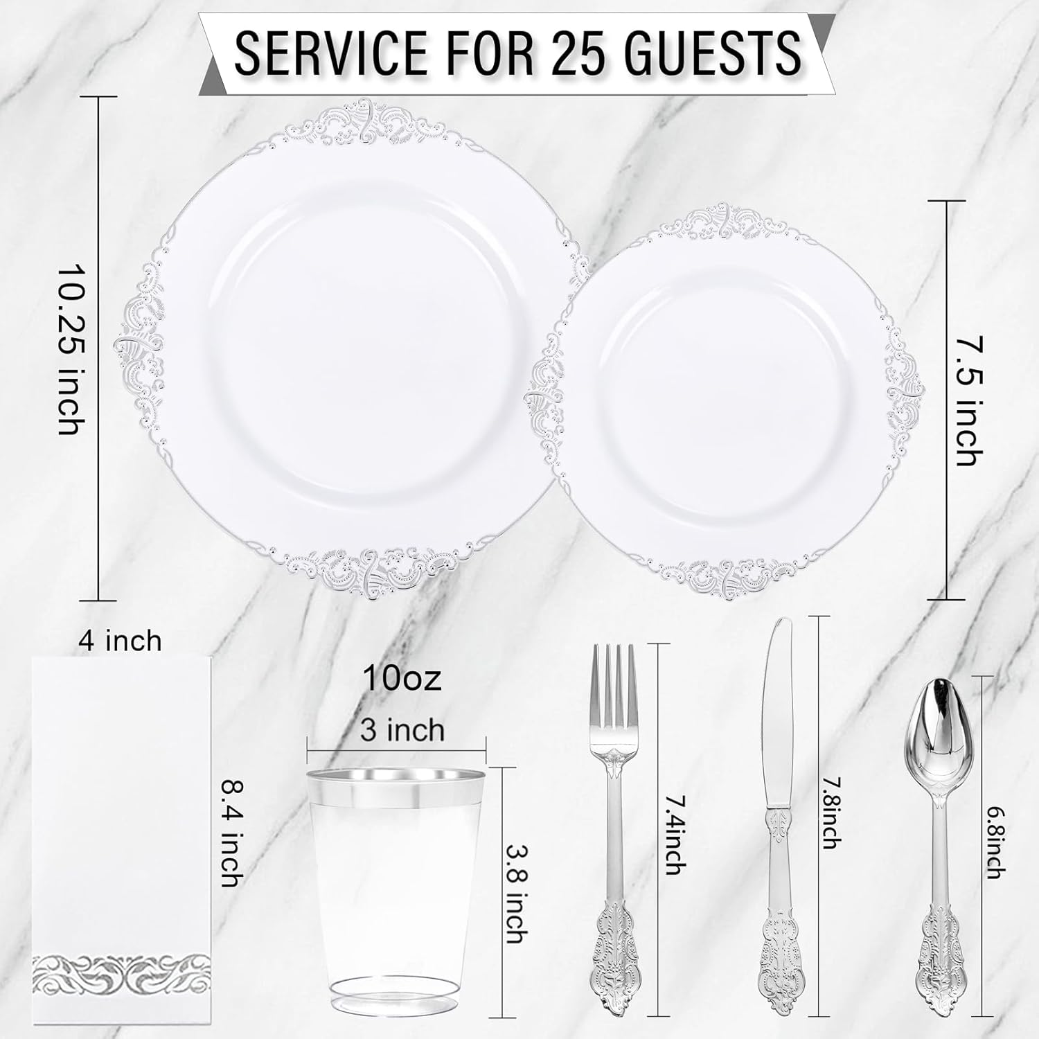 Nervure 175PCS Silver Plastic Plates for 25 Guests