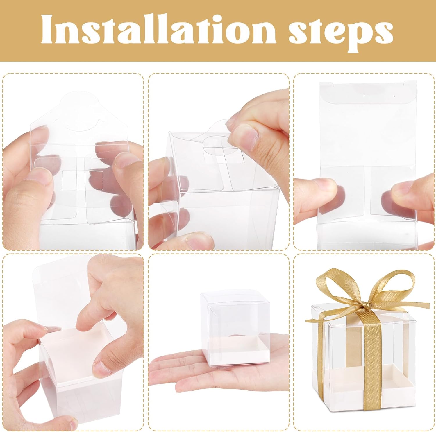 Hxezoc 50 Pack Clear Cube Gift Boxes with Gold Ribbons
