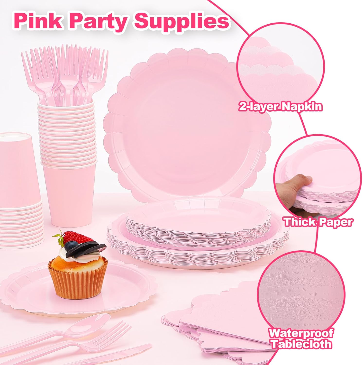 176 Pcs Pink Paper Plates and Napkins Set