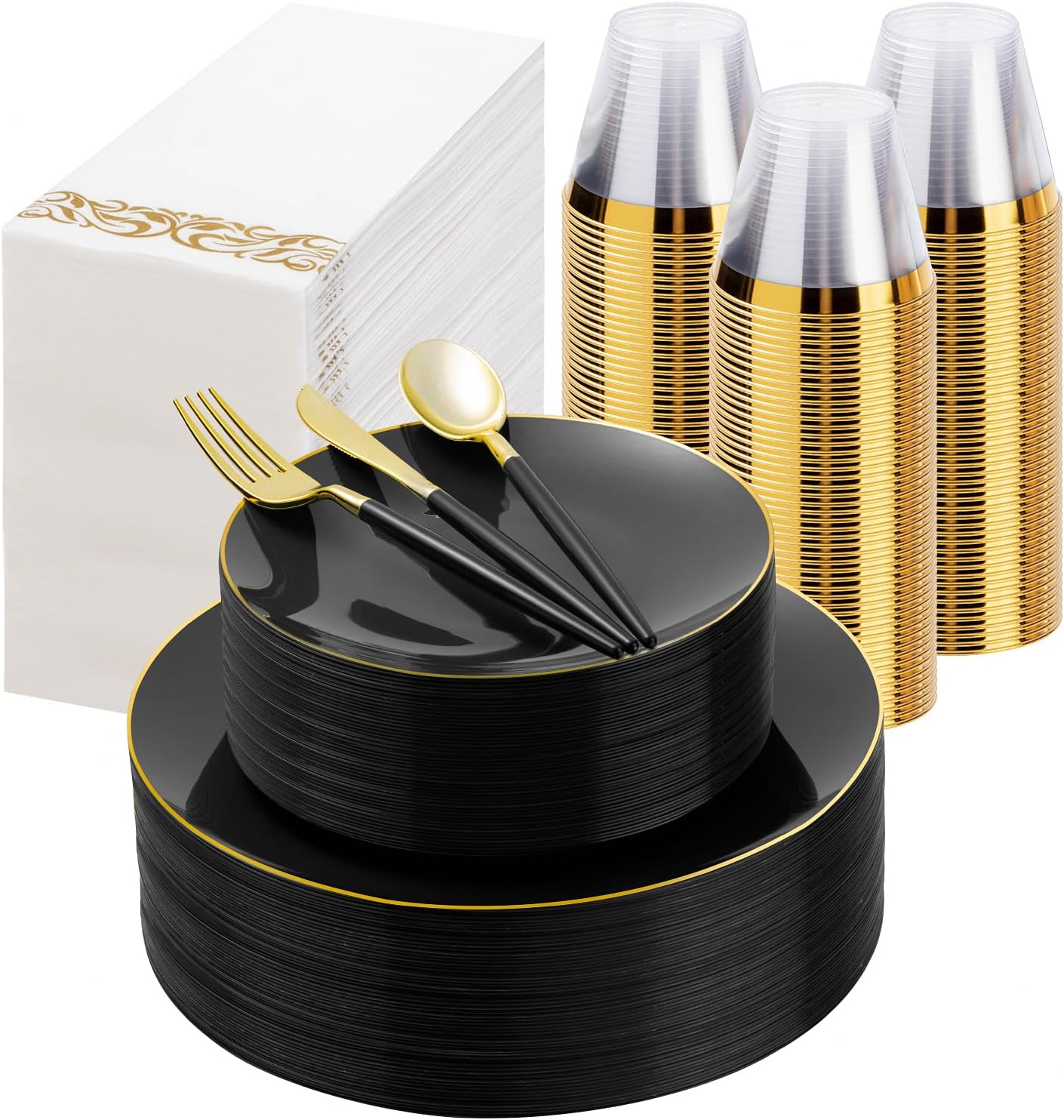 350 Pieces Black Gold Plastic Dinnerware Set for 50 Guests