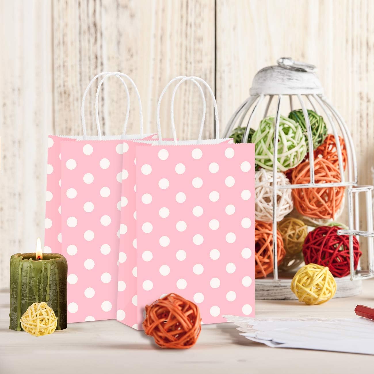BagDream 25Pcs Pink Dot Kraft Gift Bags with Handles