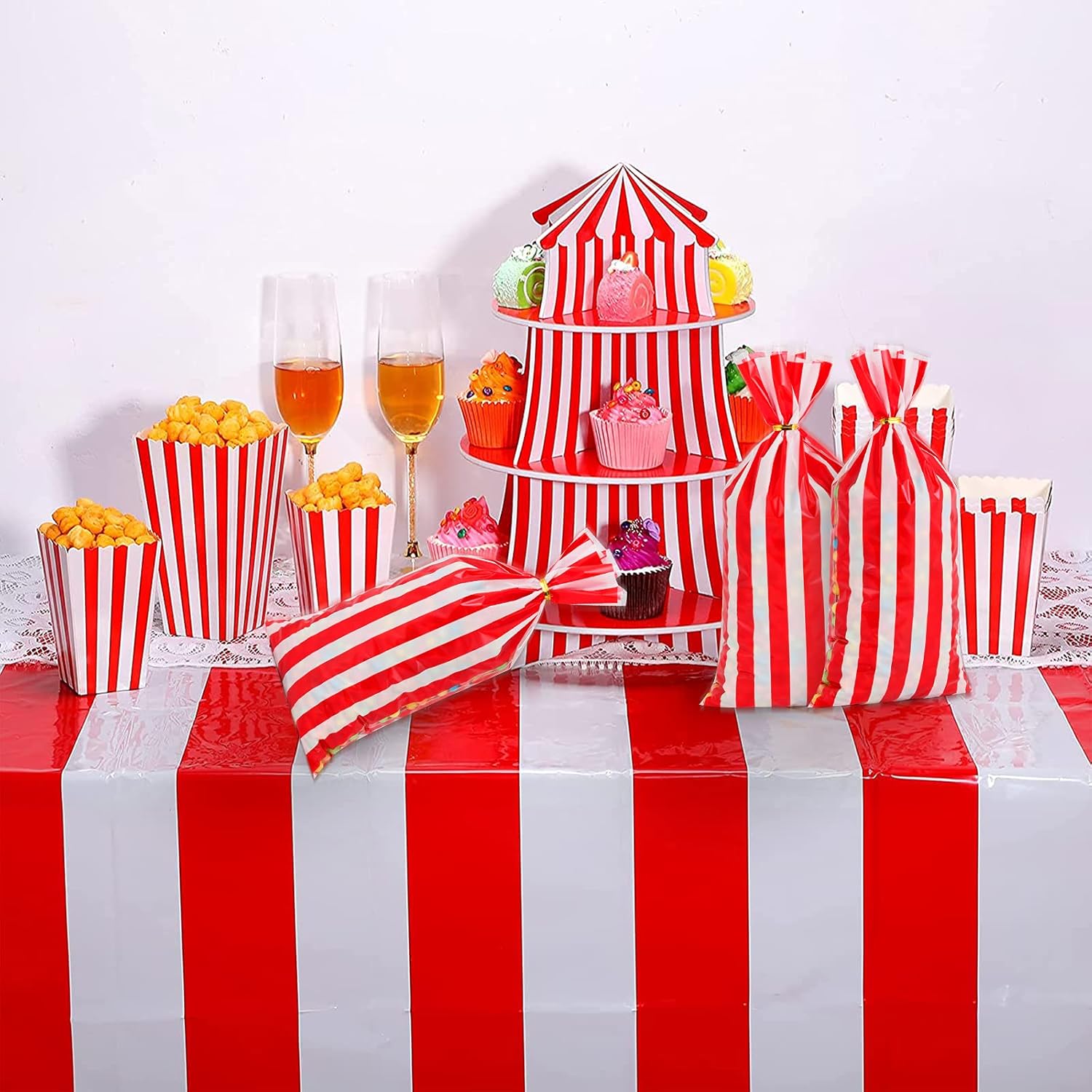 Lecferrarc 100 Pcs Red White Stripe Treat Bags with Twist Ties