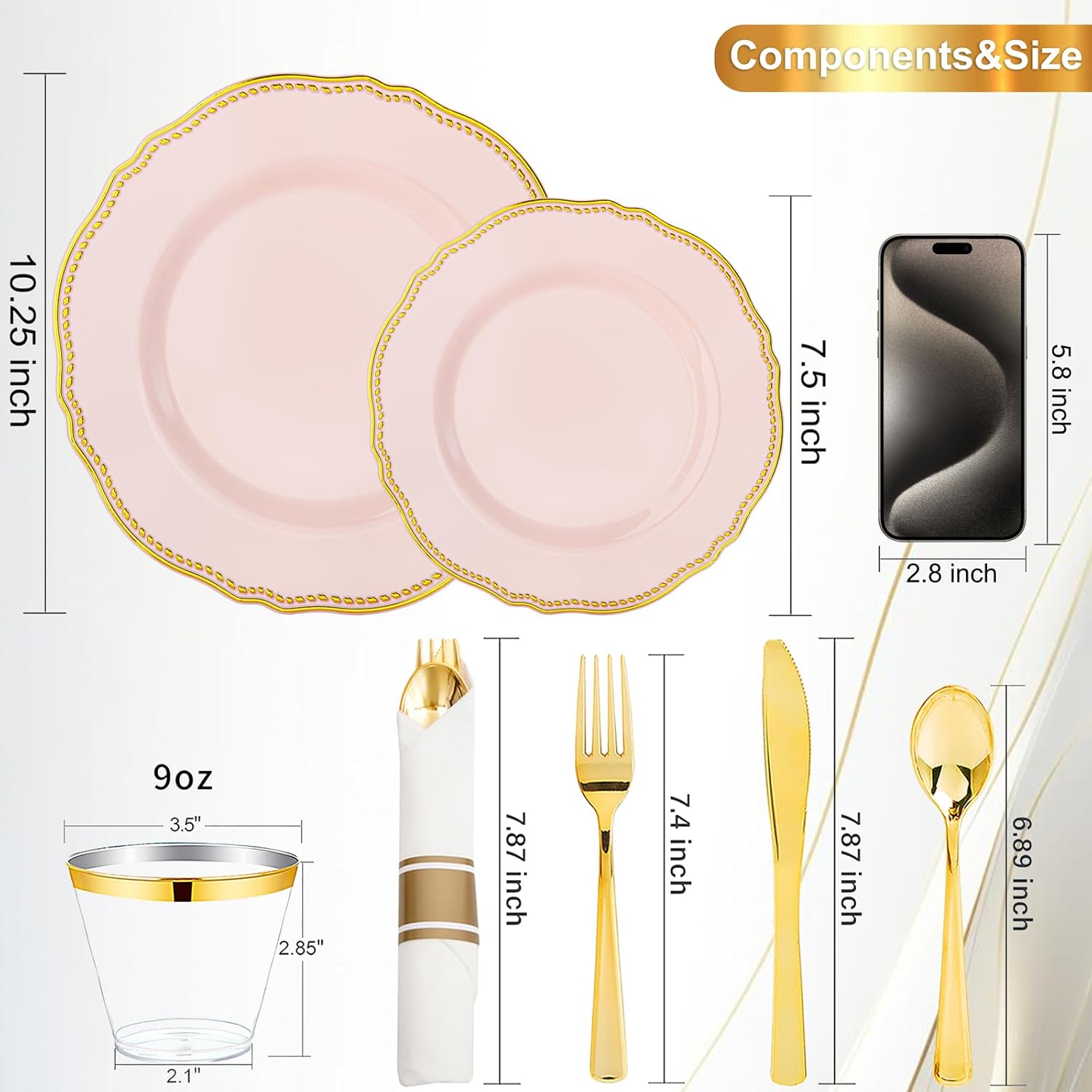 Hioasis 350pcs Pink Gold Plastic Plates Set