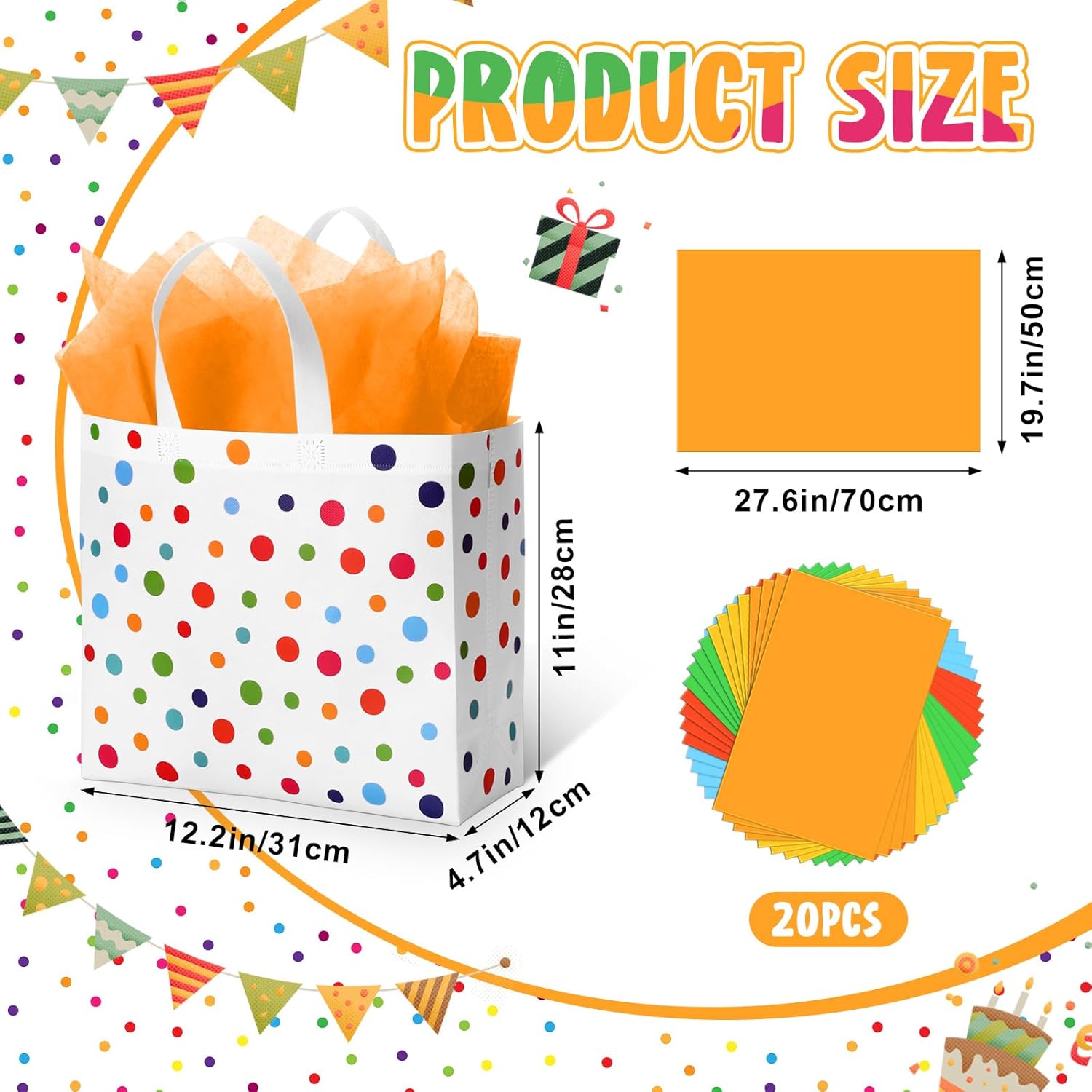 Wesnoy 20 Pack Rainbow Polka Dot Reusable Gift Bags