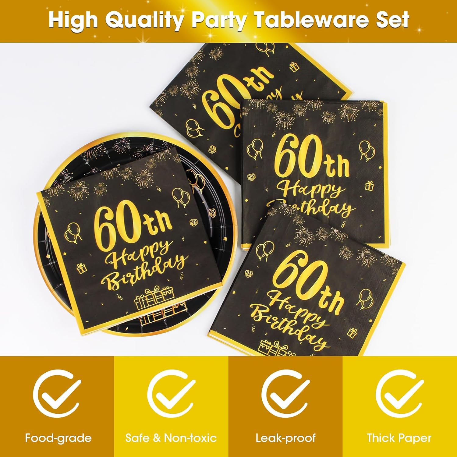 60th Birthday Plates And Napkins 50pcs 9 Black Party Decorations