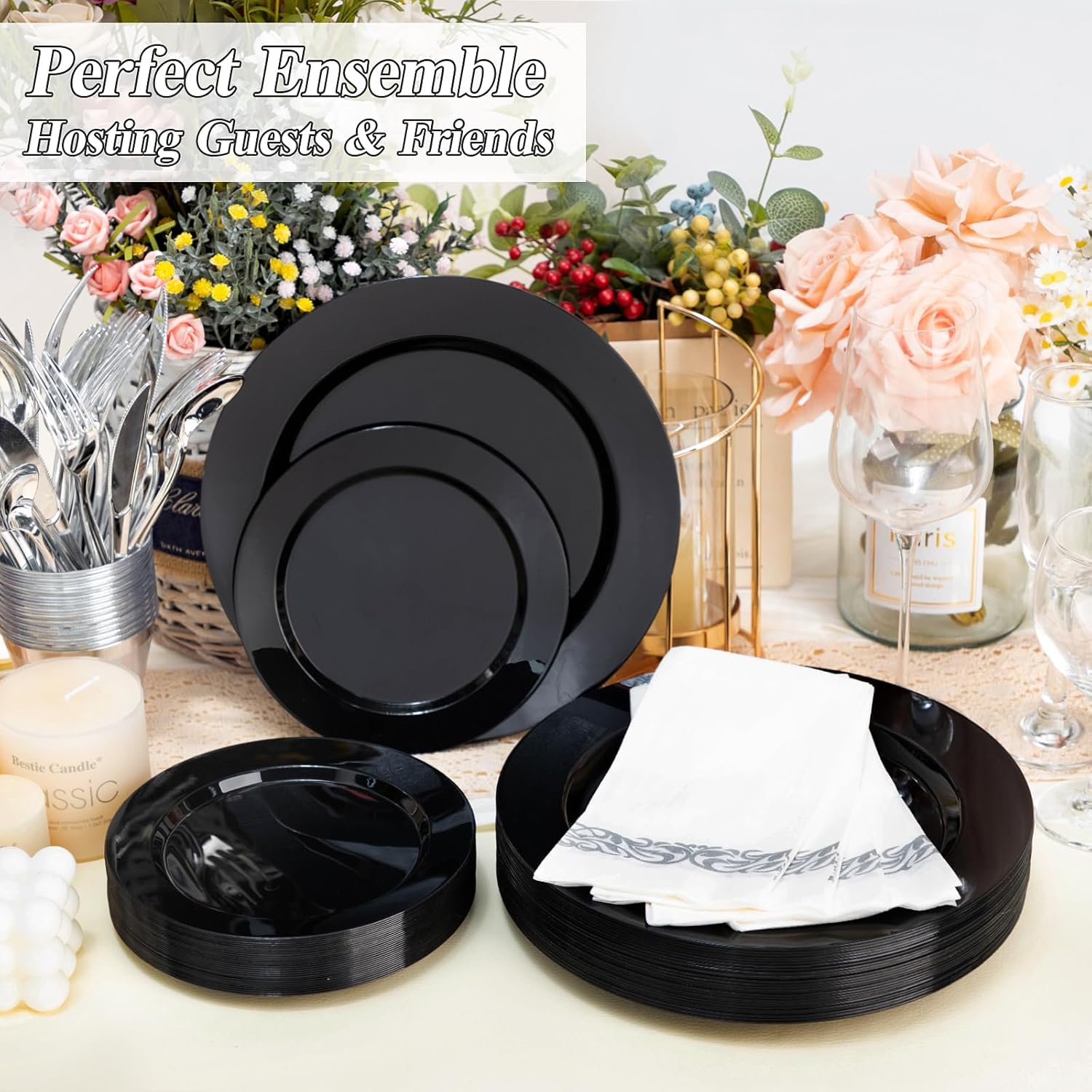 200PCS Black Plastic Plates Set for Parties and Weddings