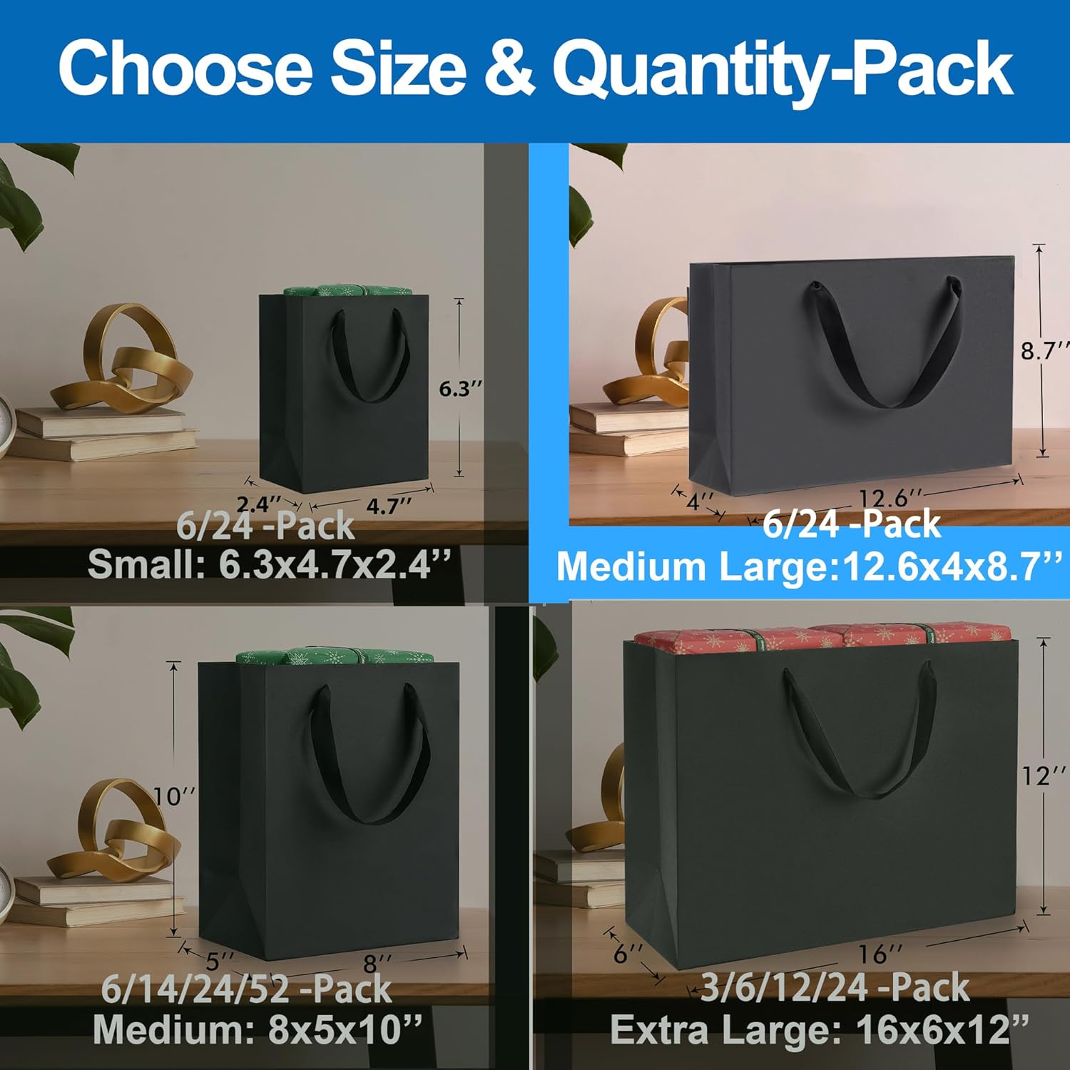 Argivean Medium Large Black Gift Bags 6pcs With Handles