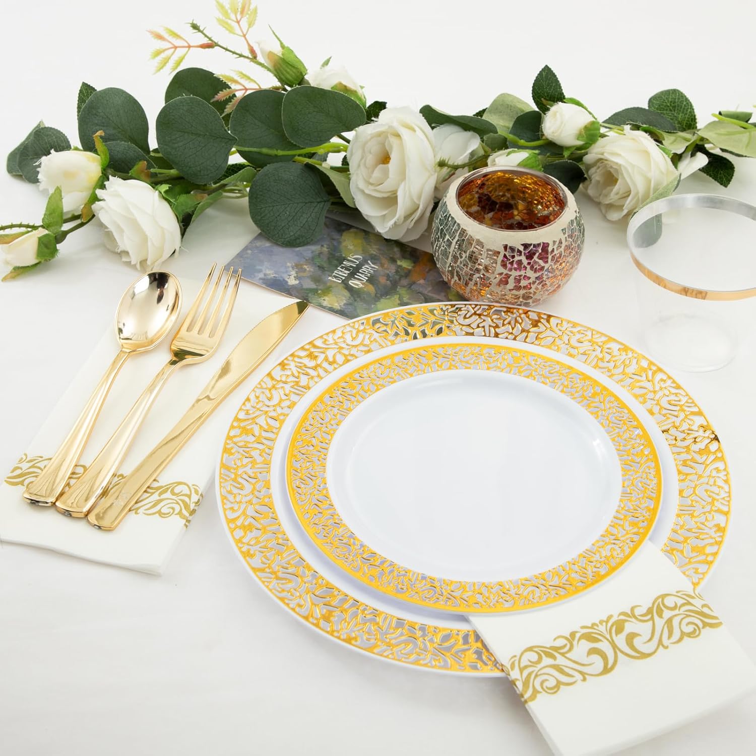 WELLIFE 350Pcs Gold Dinnerware Set for Parties