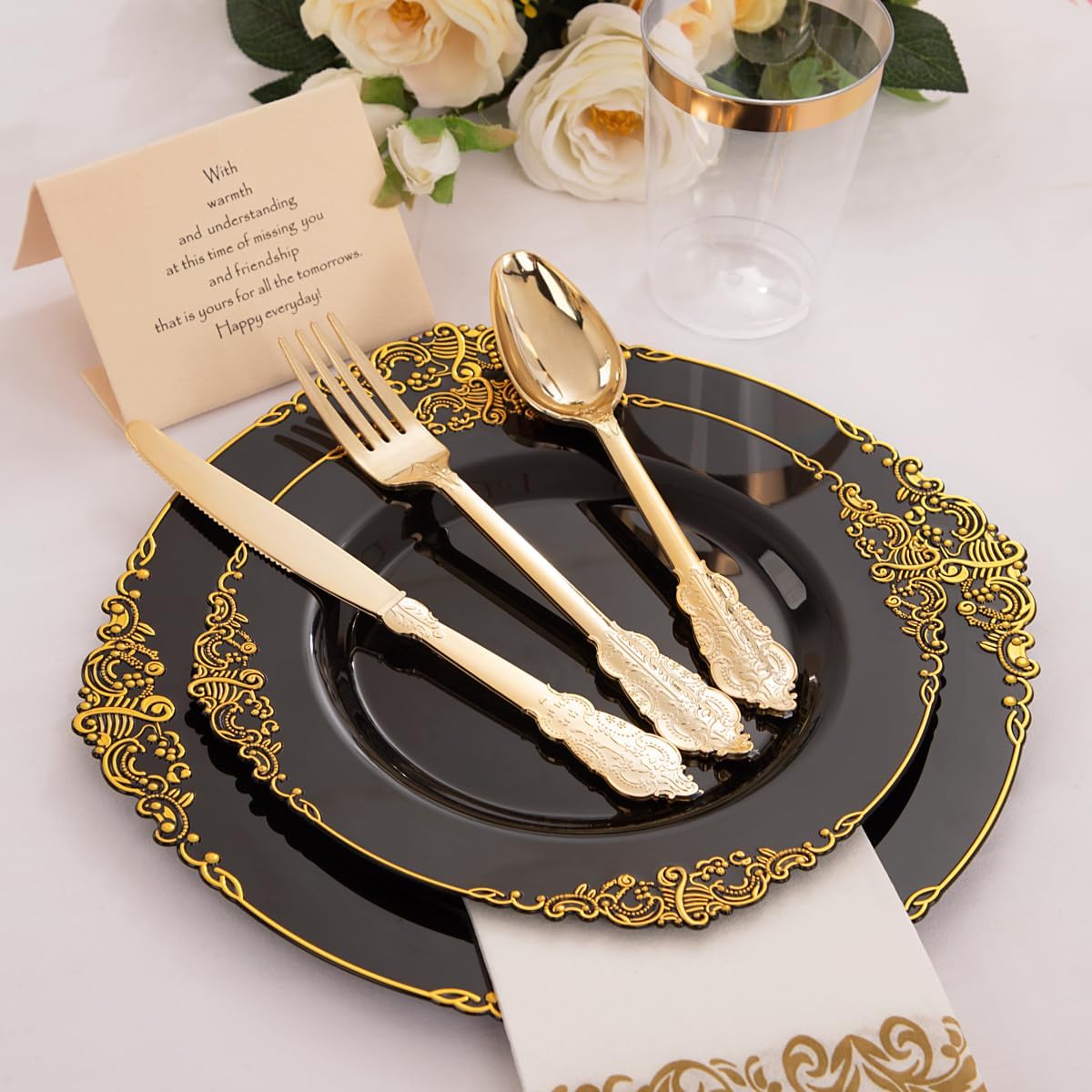 Hioasis 350pcs Black and Gold Plastic Plates Set for 50 Guests