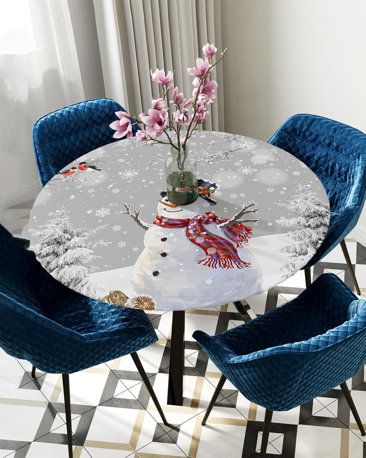 Winter Fantasy Snowman Round Waterproof Table Cover