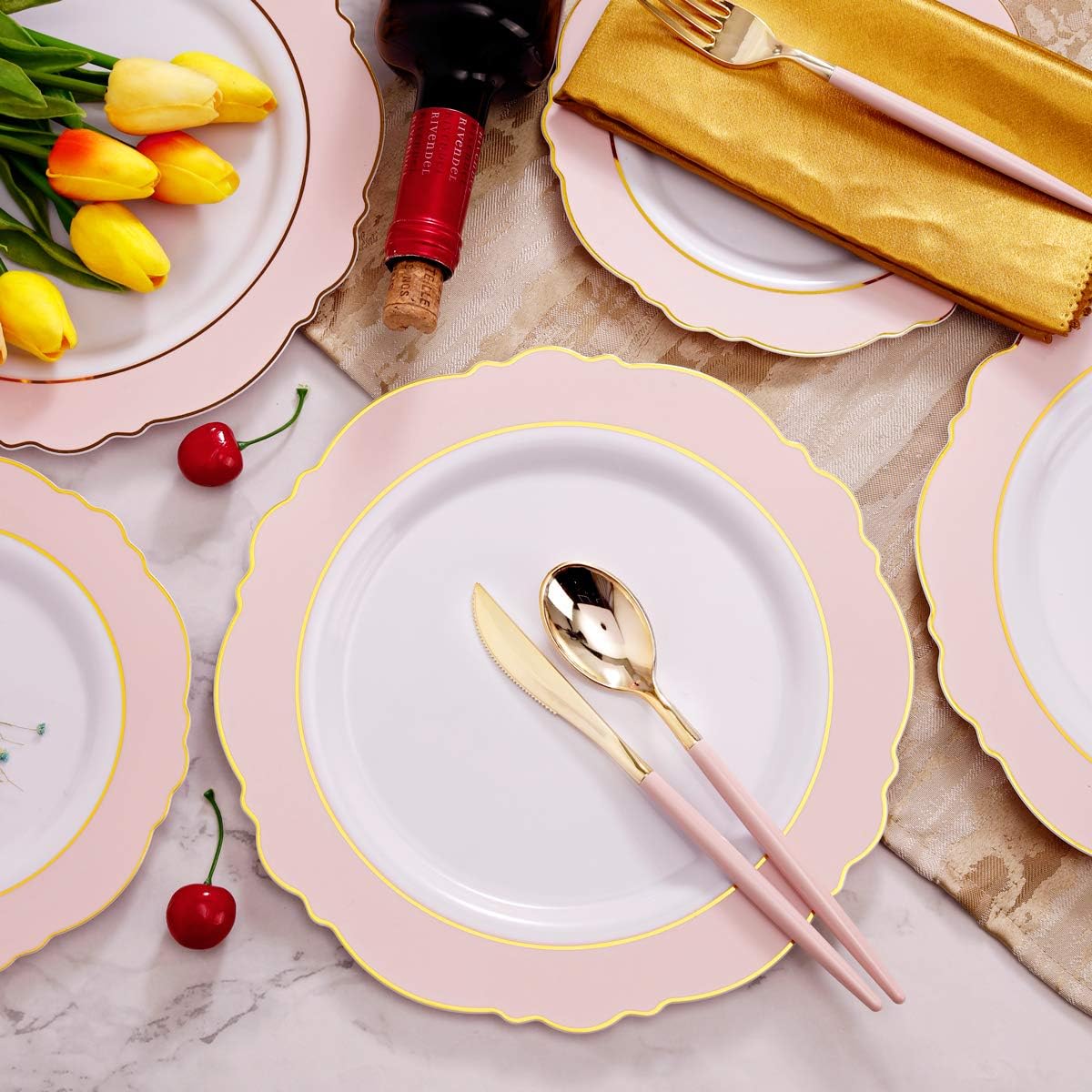 WDF 30 Guest Pink Gold Plastic Plates Set