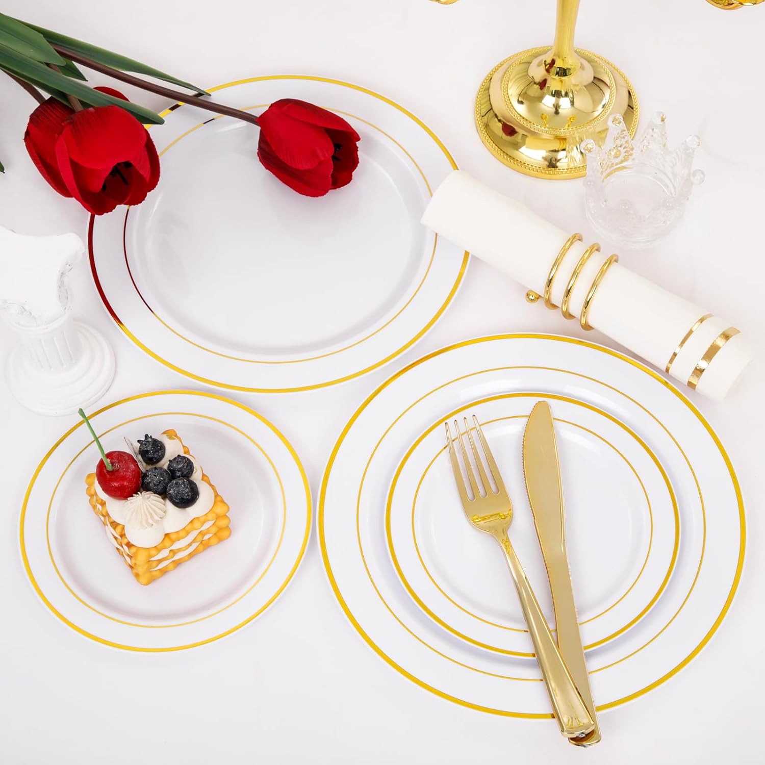 GATHER 350PCS White and Gold Plastic Plates Set for Party Wedding