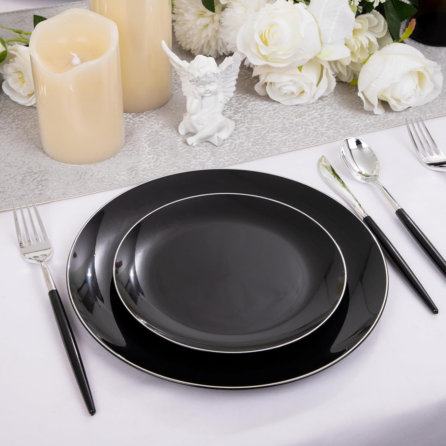 DaYammi 30 Guests Black Plastic Plates Set with Silverware for Events