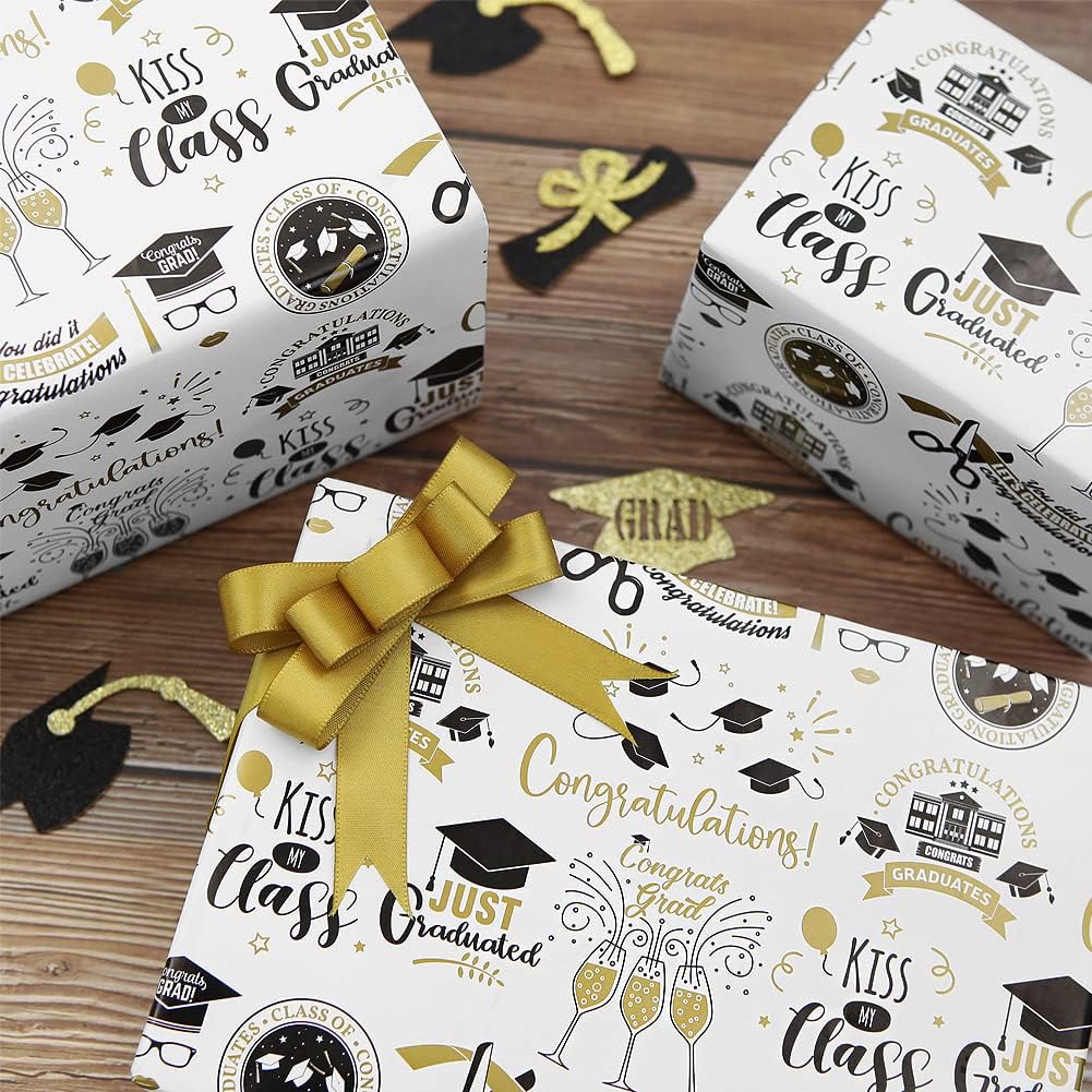 2025 Graduation Wrapping Paper Set 6 Sheets With Gold Ribbon