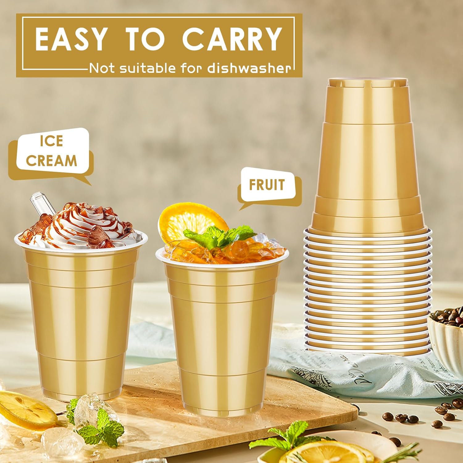 Dualshine 100 Pack 16 Oz Gold Plastic Cups for Parties