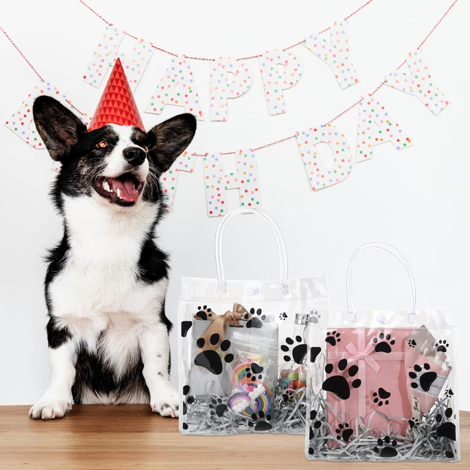 Teling 20-Pack Clear Dog Paw Gift Bags with Handles
