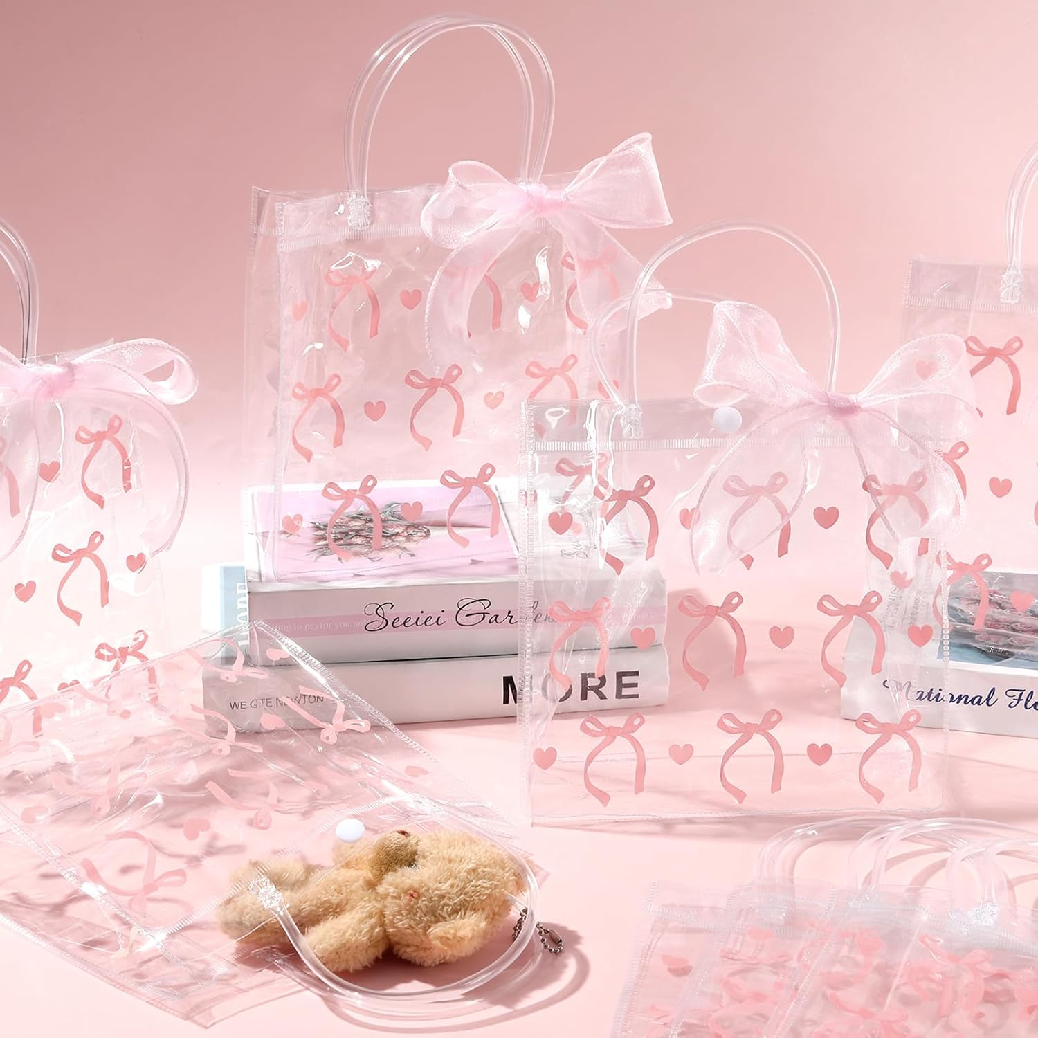 QOUBAI 24pcs Pink Bow Clear PVC Gift Bags with Handles