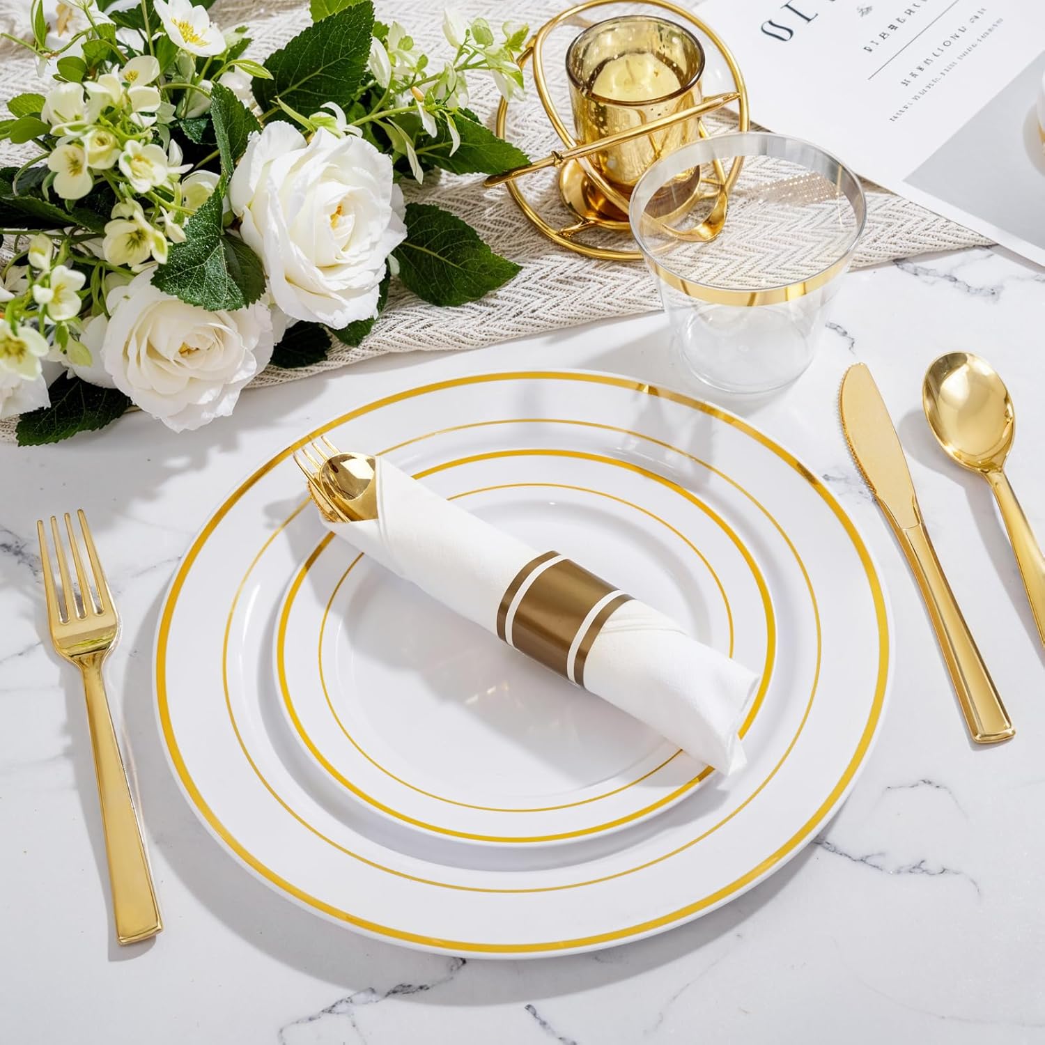 WELLIFE 350Pcs White Gold Plastic Plates for 50 Guests