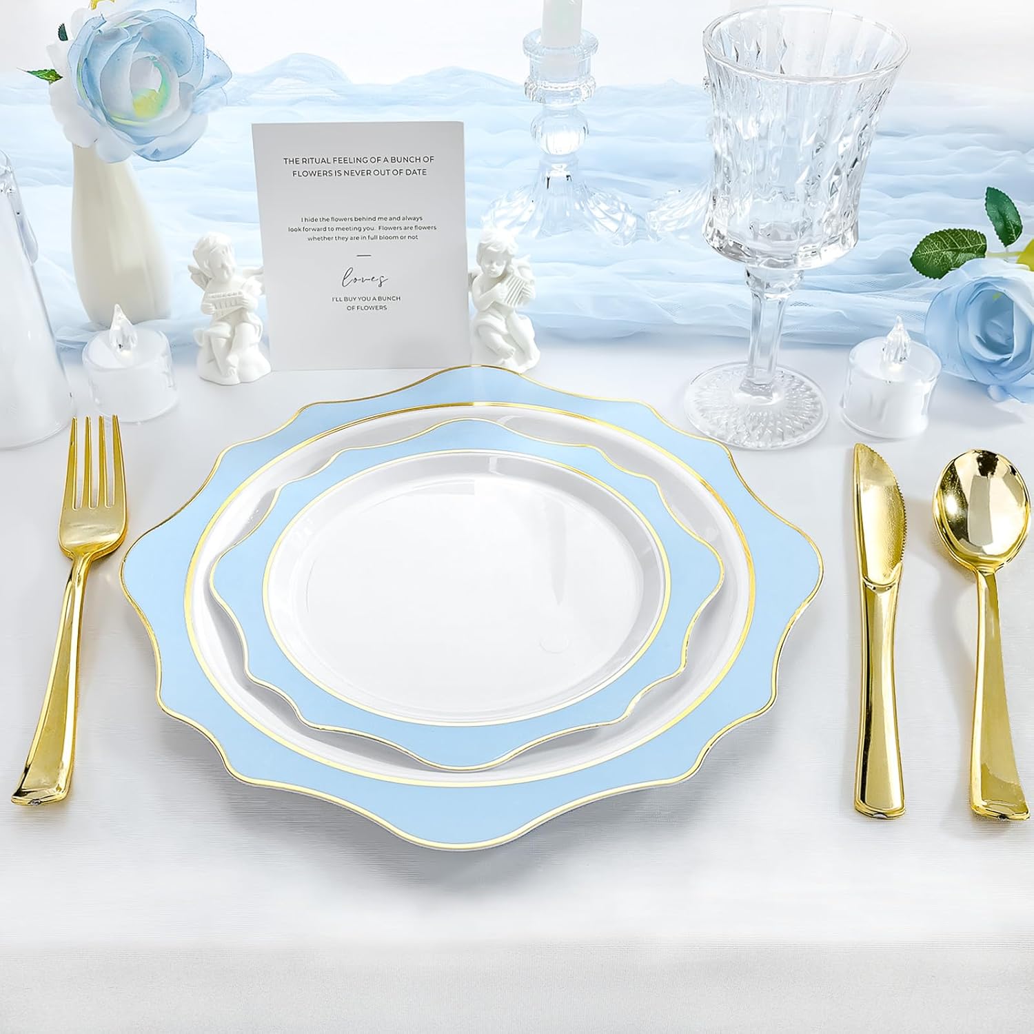 100 PCS White Blue Disposable Plates for 50 Guests Party Wedding Graduation