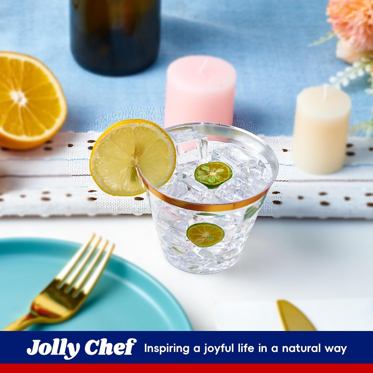 JOLLY CHEF 100 Pack Gold Rimmed Plastic Cups