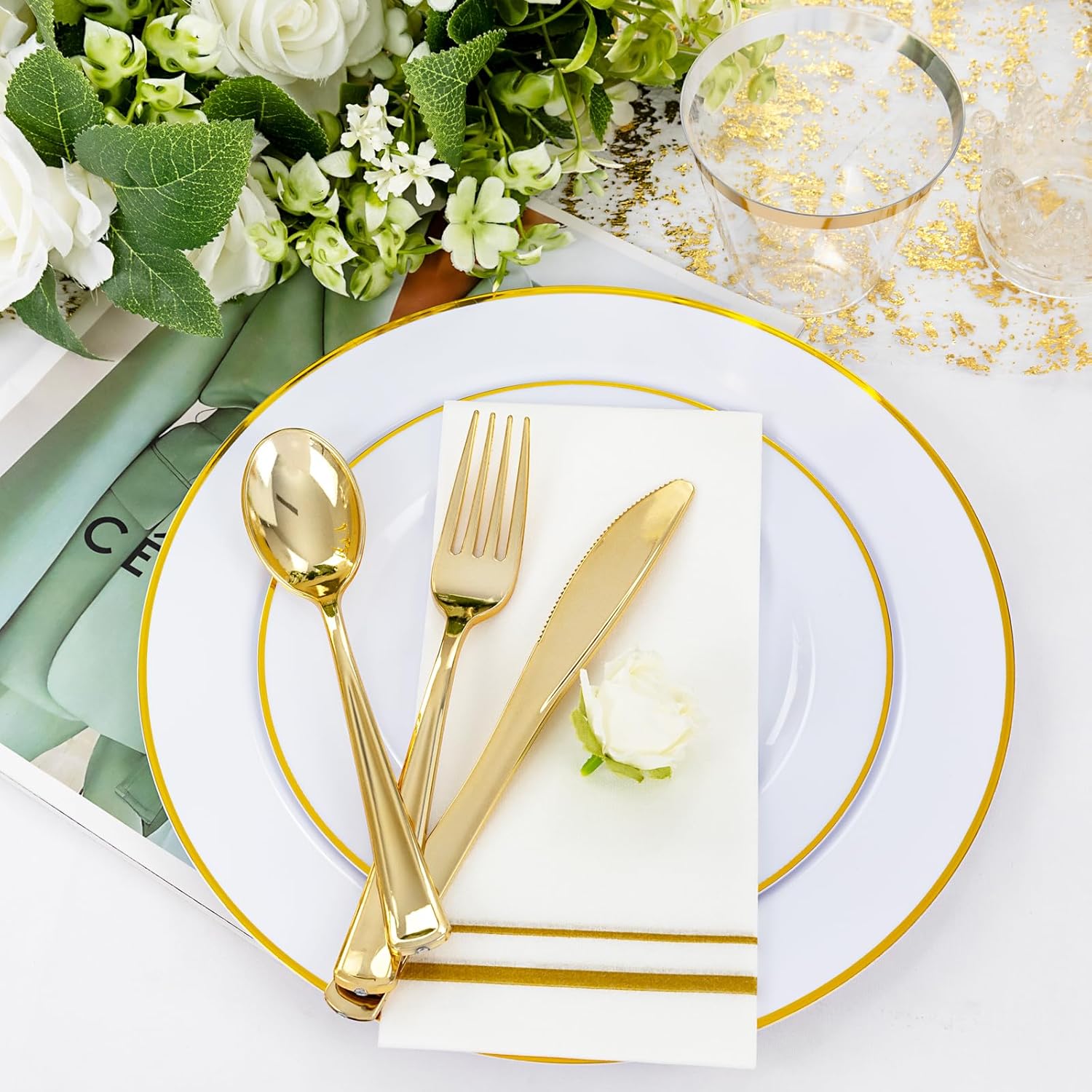 SUT 350 PCS White Gold Disposable Dinnerware Set for 50 Guests
