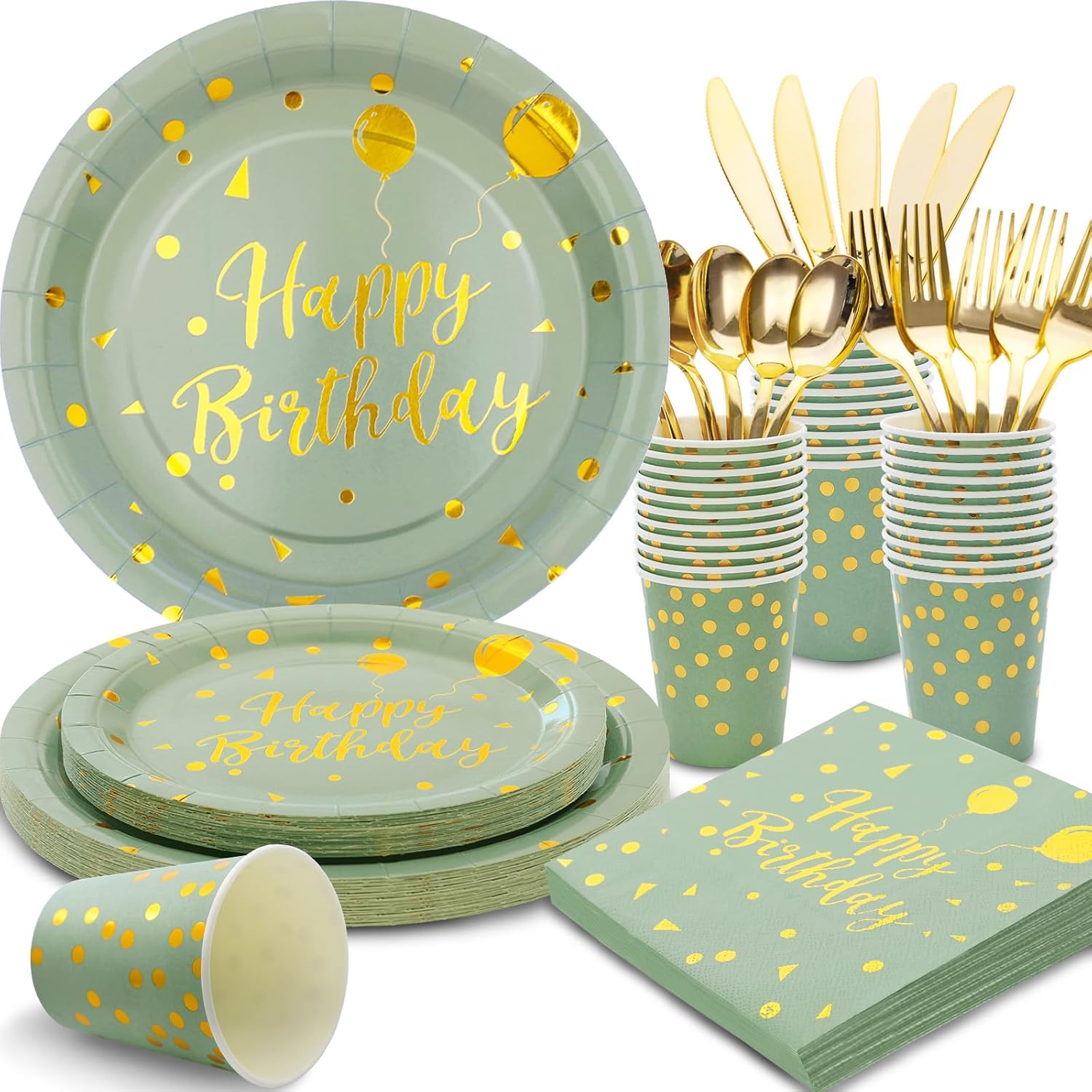175 Pcs Sage Green Birthday Decorations Set