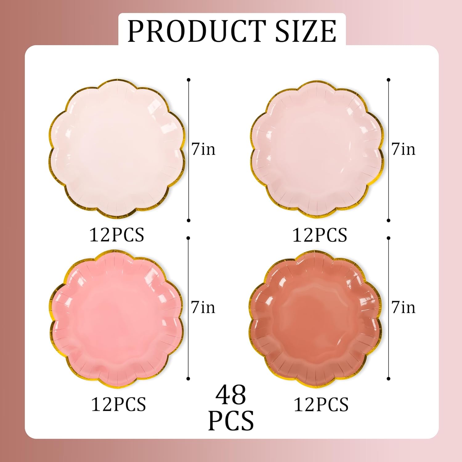 Dusty Pink Gradient Dessert Plates with Gold Foil Edges 7 Inch 48 Count