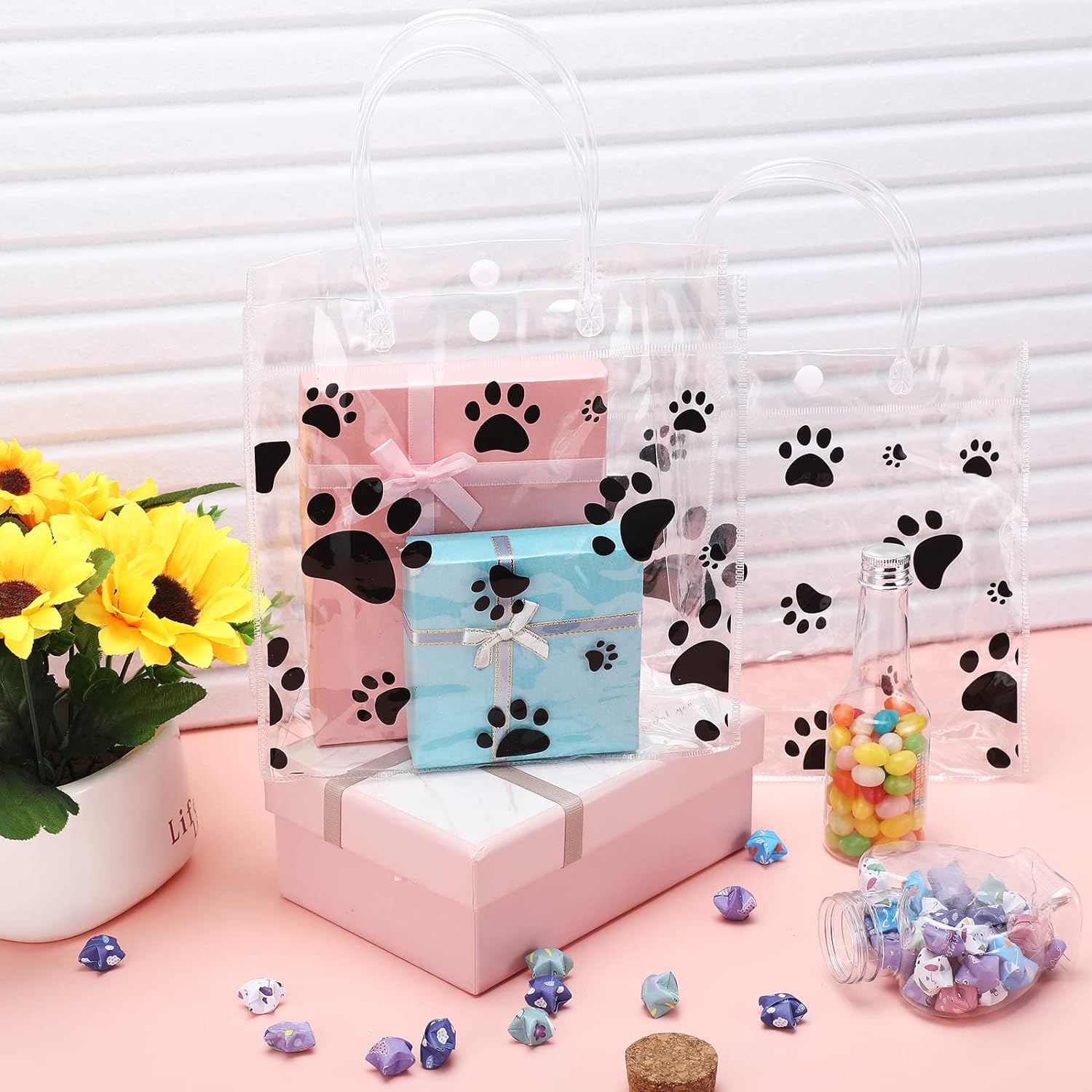 Teling 20-Pack Clear Dog Paw Gift Bags with Handles