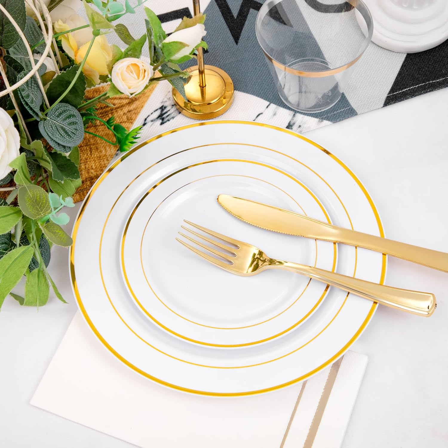 GATHER 350PCS White and Gold Plastic Plates Set for Party Wedding
