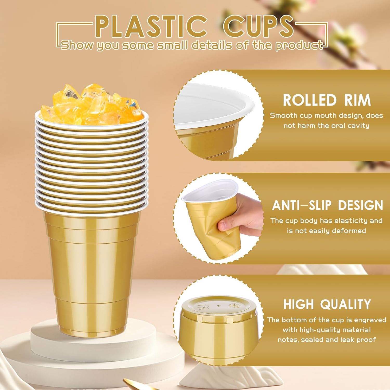 Dualshine 100 Pack 16 Oz Gold Plastic Cups for Parties