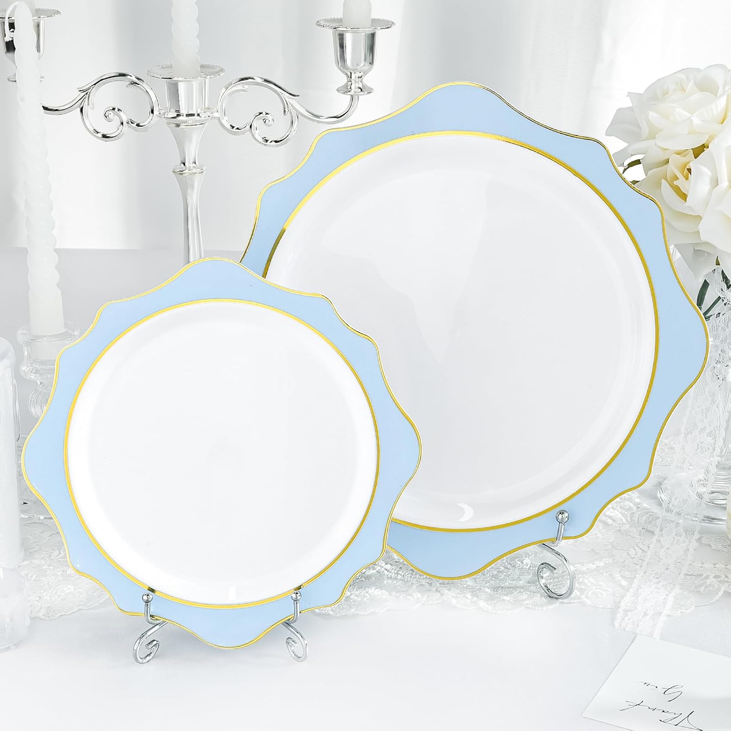 100 PCS White Blue Disposable Plates for 50 Guests Party Wedding Graduation