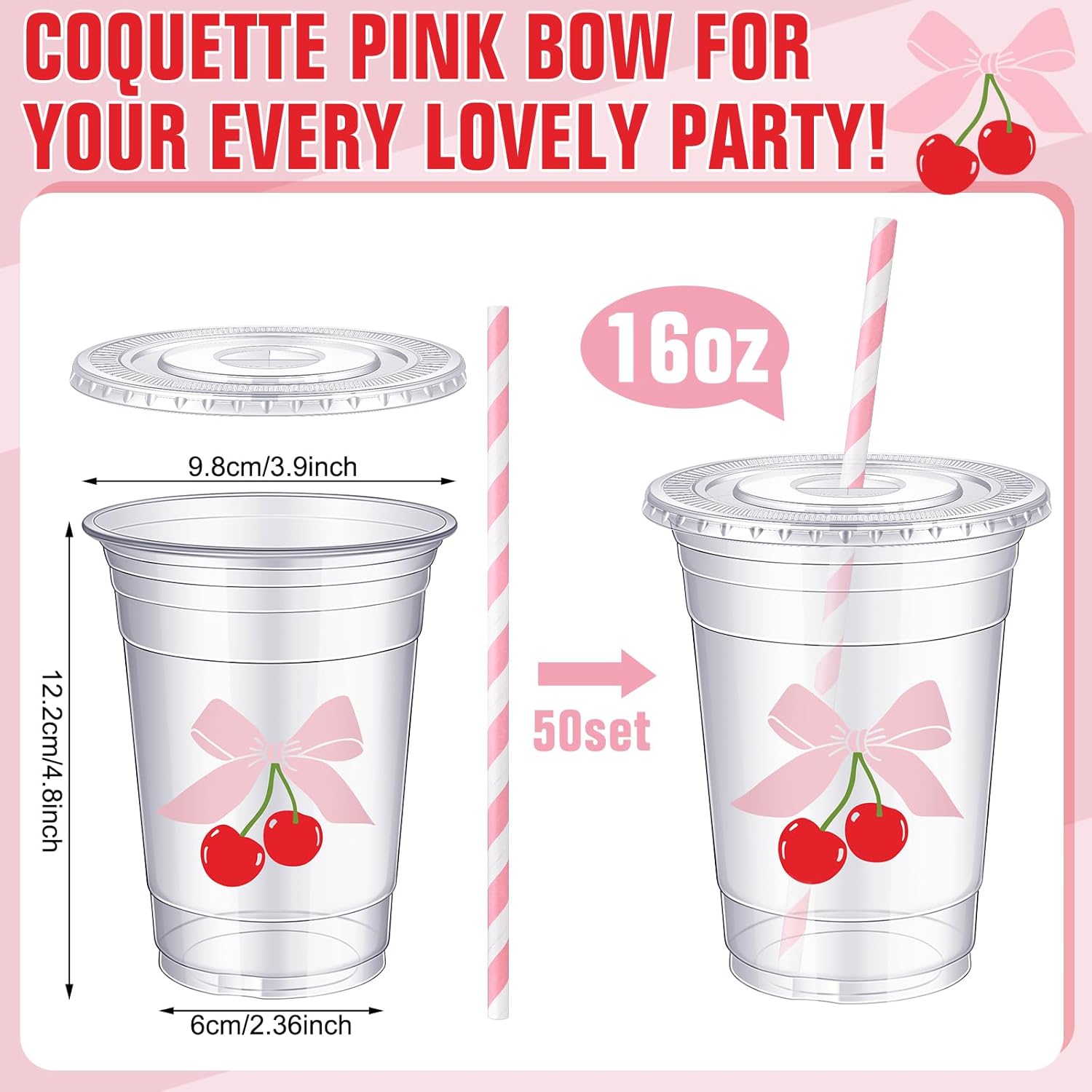 Sliner 50 Pcs 16 Oz Cherry Bow Cups with Straw for Parties