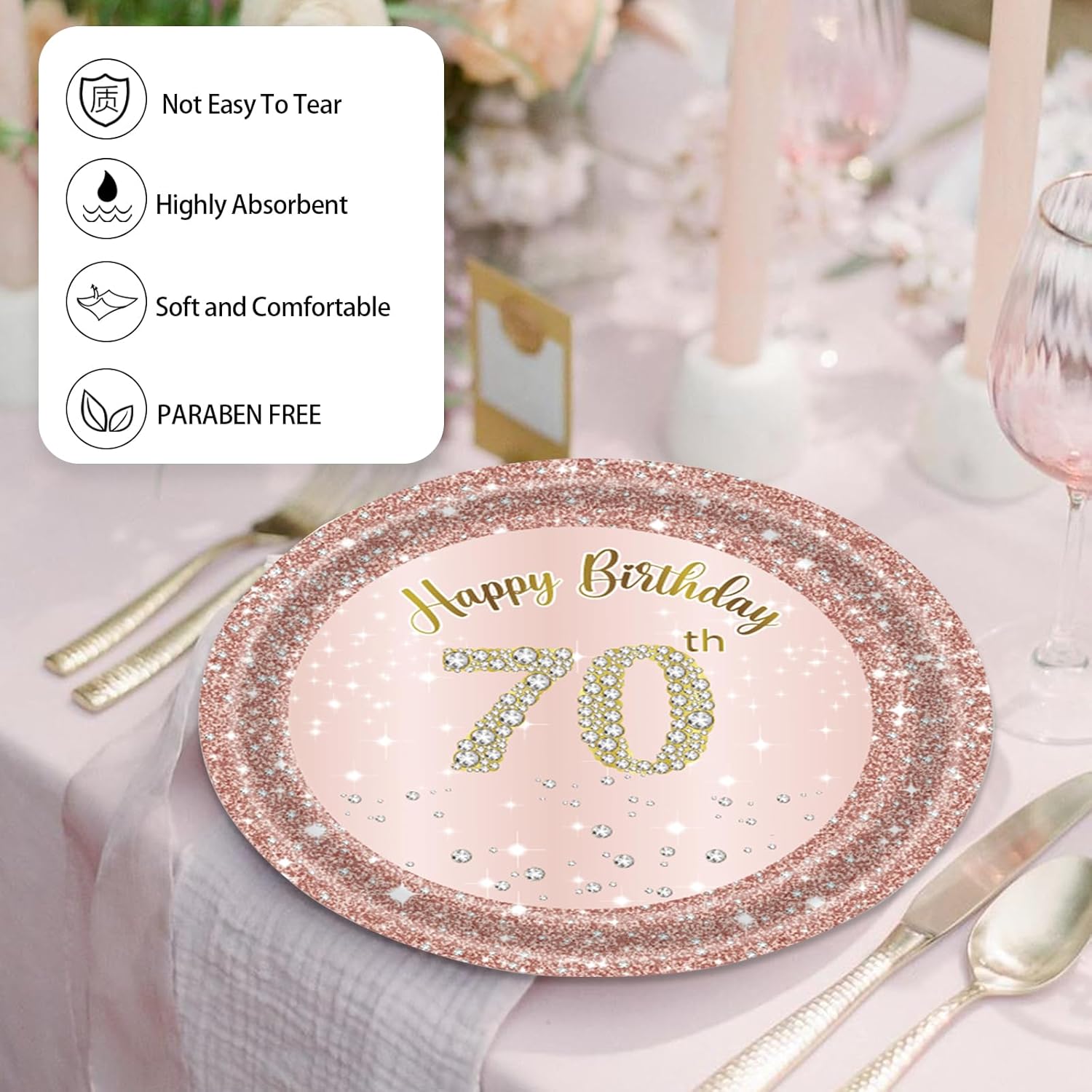 72 Pcs Rose Gold 70th Birthday Party Plates and Napkins Set