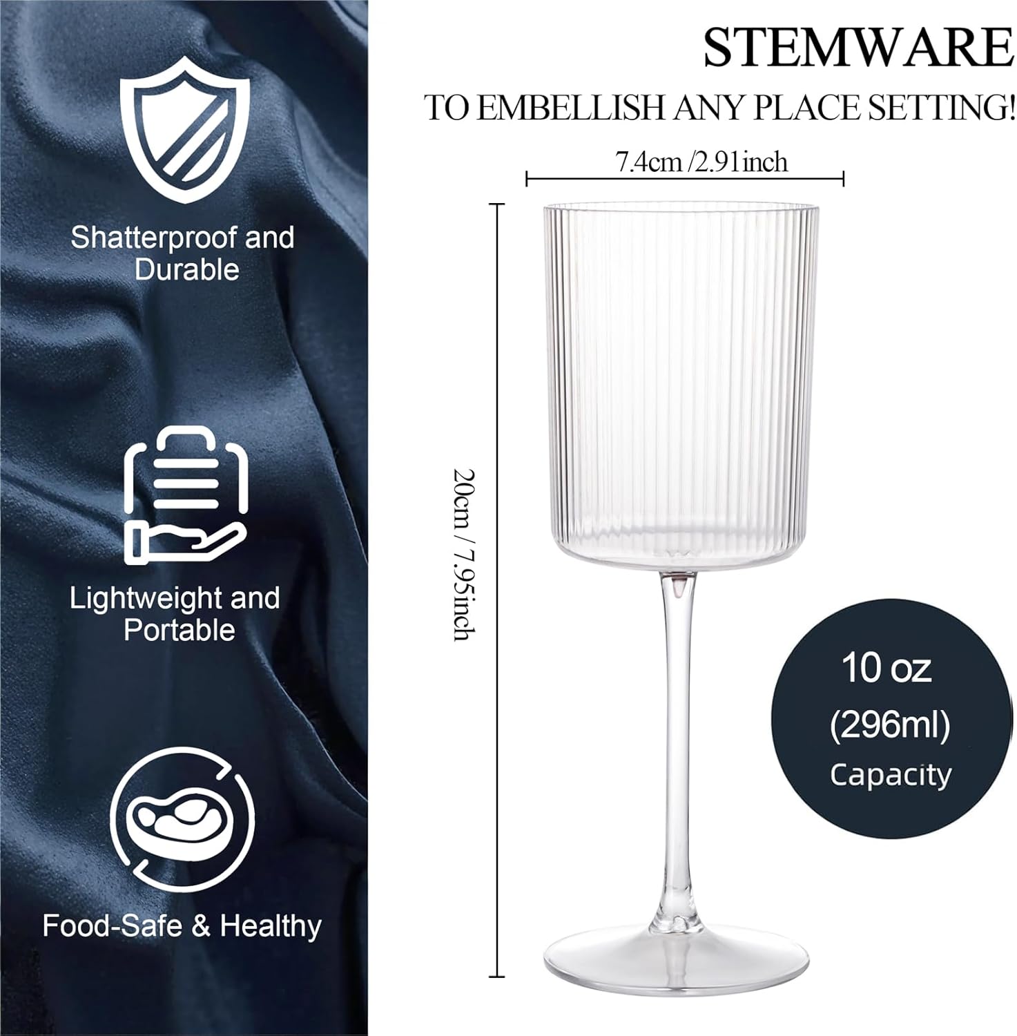 Ciaell 12PCS Plastic Ribbed Wine Glasses with Stem