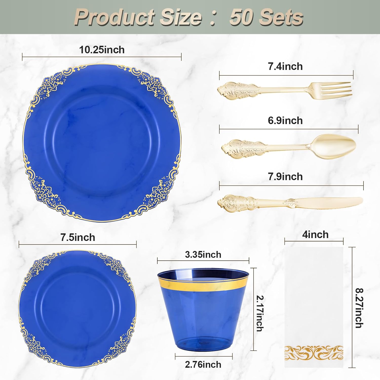 350PCS Clear Blue Plastic Plates with Gold Trim for 50 Guests