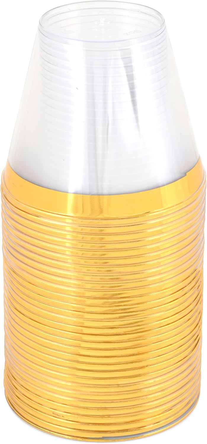 Premium Gold Rim Clear Plastic Cups 9 Oz 30 Pcs Set
