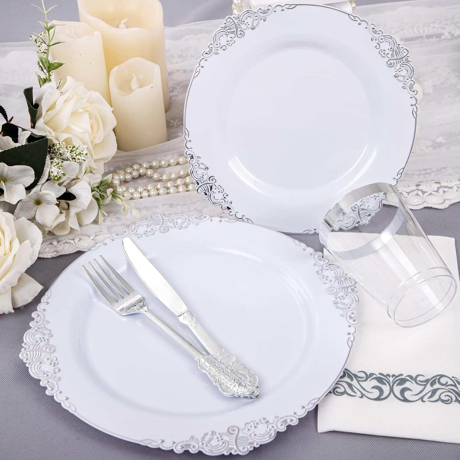 Nervure 350PCS Silver Plastic Dinnerware Set