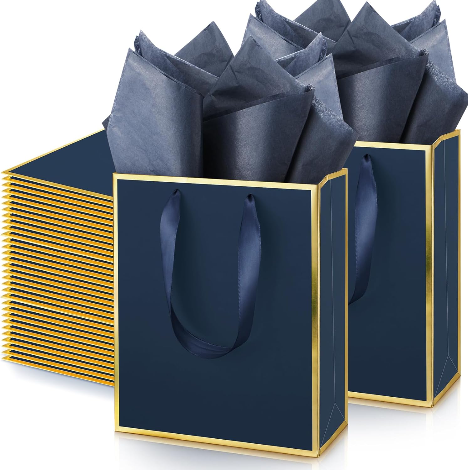 Yeaqee 50 Pack Metallic Gift Bags with Handle and Tissue Paper