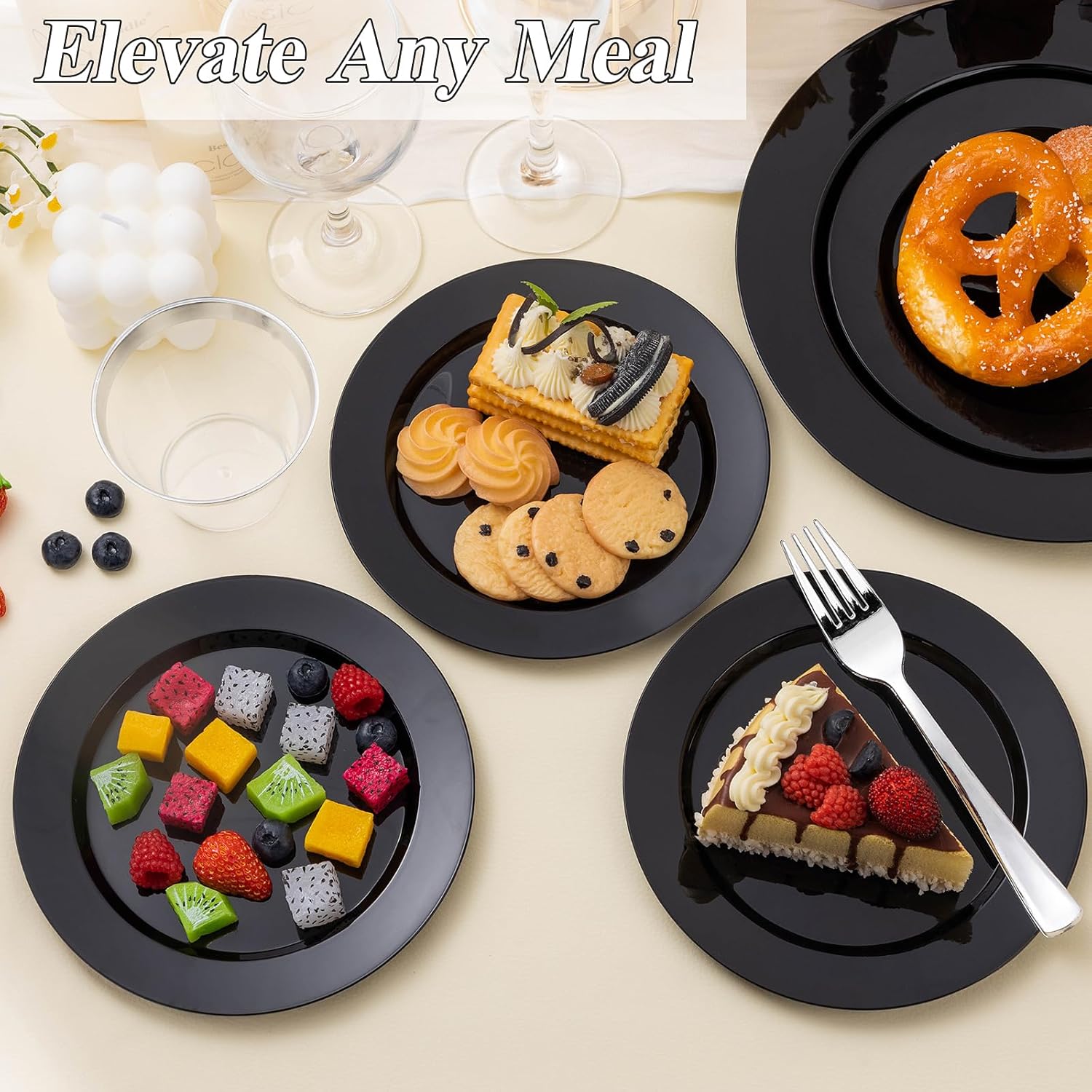 200PCS Black Plastic Plates Set for Parties and Weddings