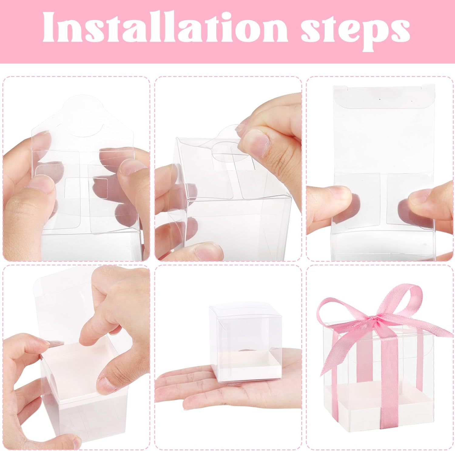 Hxezoc 50 Pack Clear Candy Favor Boxes with Pink Ribbons 2x2x2 Inches