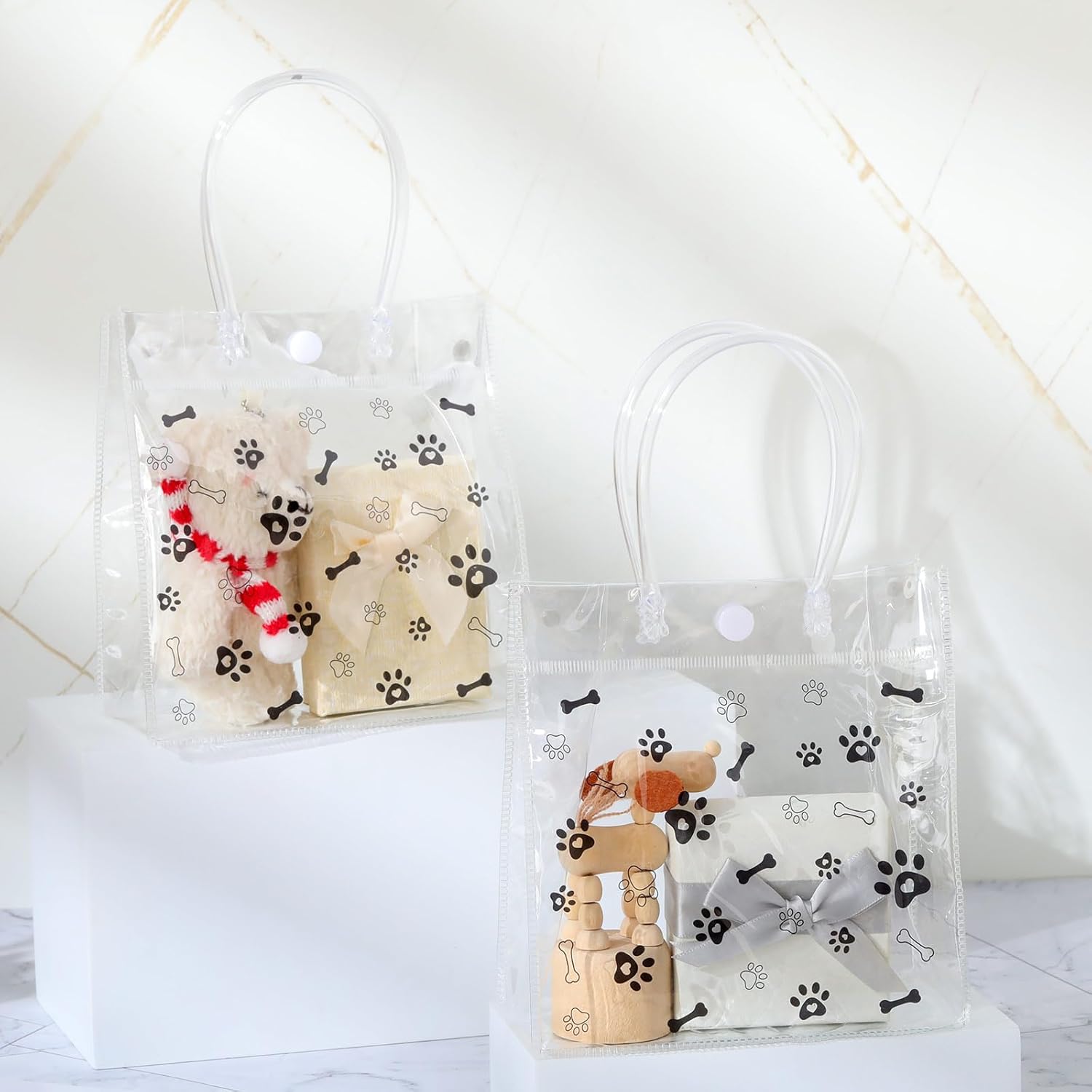 Kolldenn 24 Pack Clear PVC Dog Paw Gift Bags with Handle
