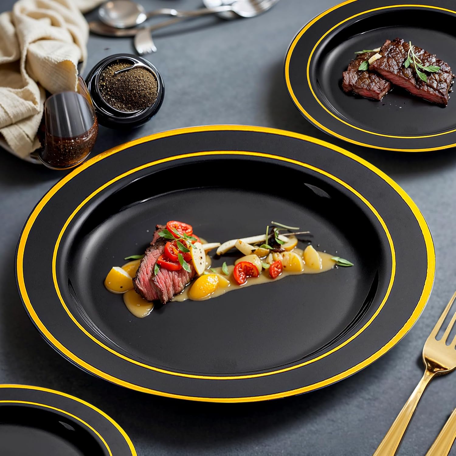 bUCLA 150 Piece Black and Gold Disposable Dinnerware Set for 25 Guests