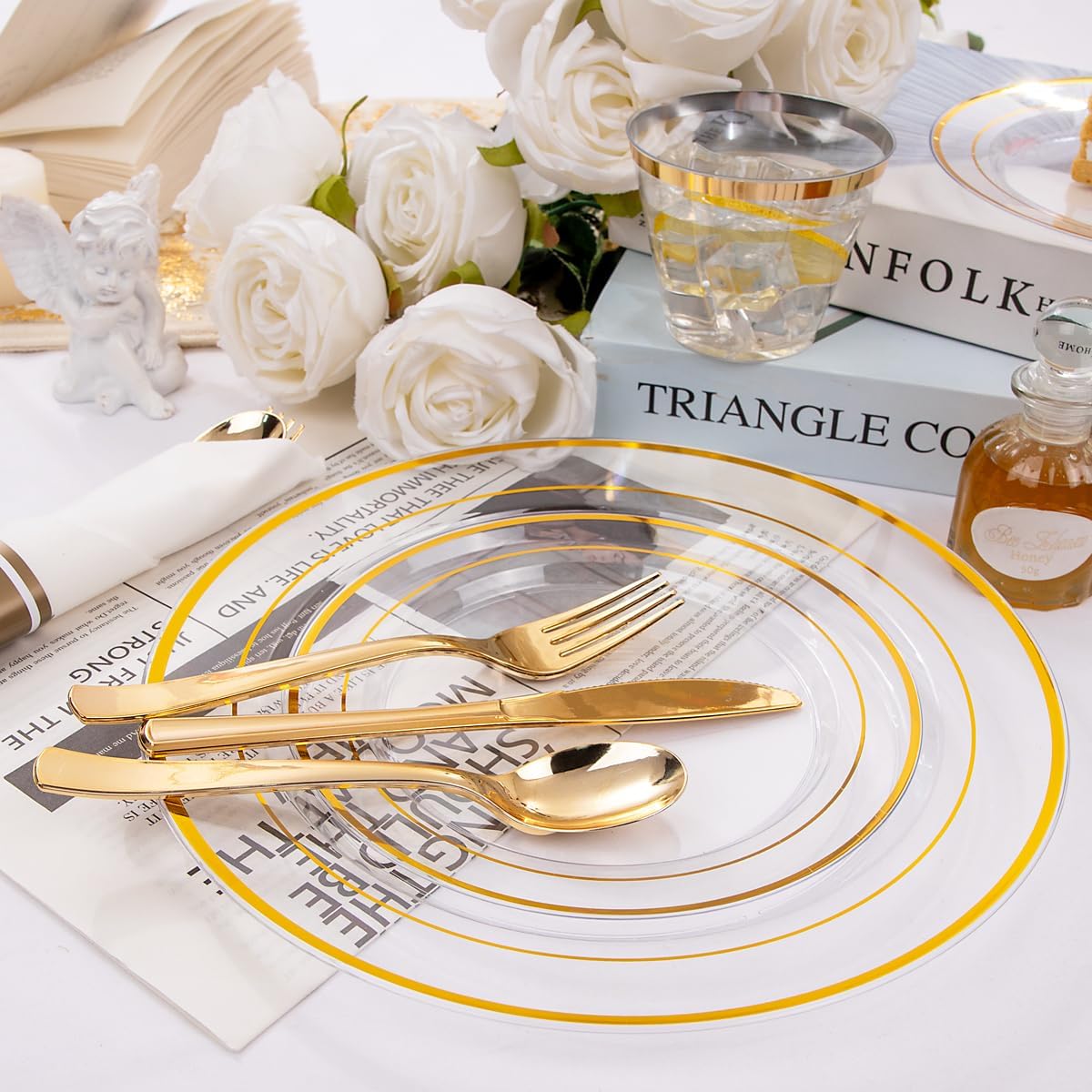 DaYammi 350PCS Clear Gold Disposable Dinnerware Set for 50 Guests