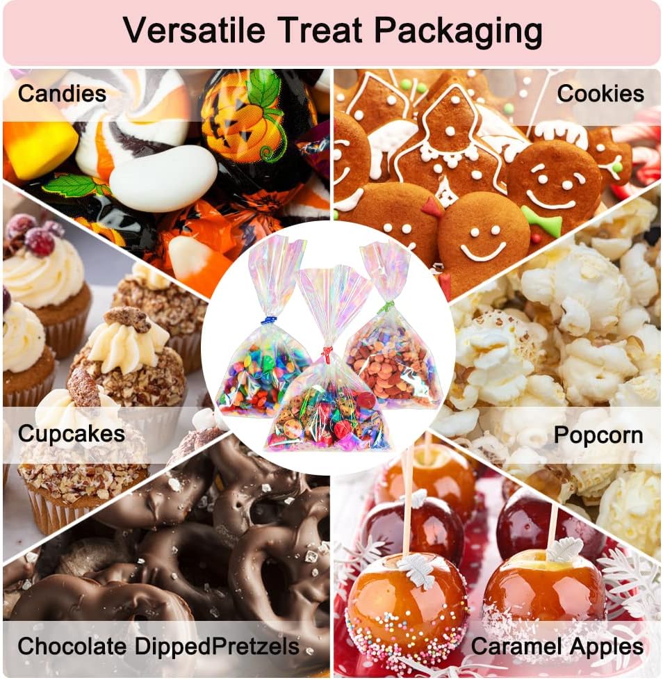 HRX Package 120pcs Iridescent Cellophane Treat Bags with Ties