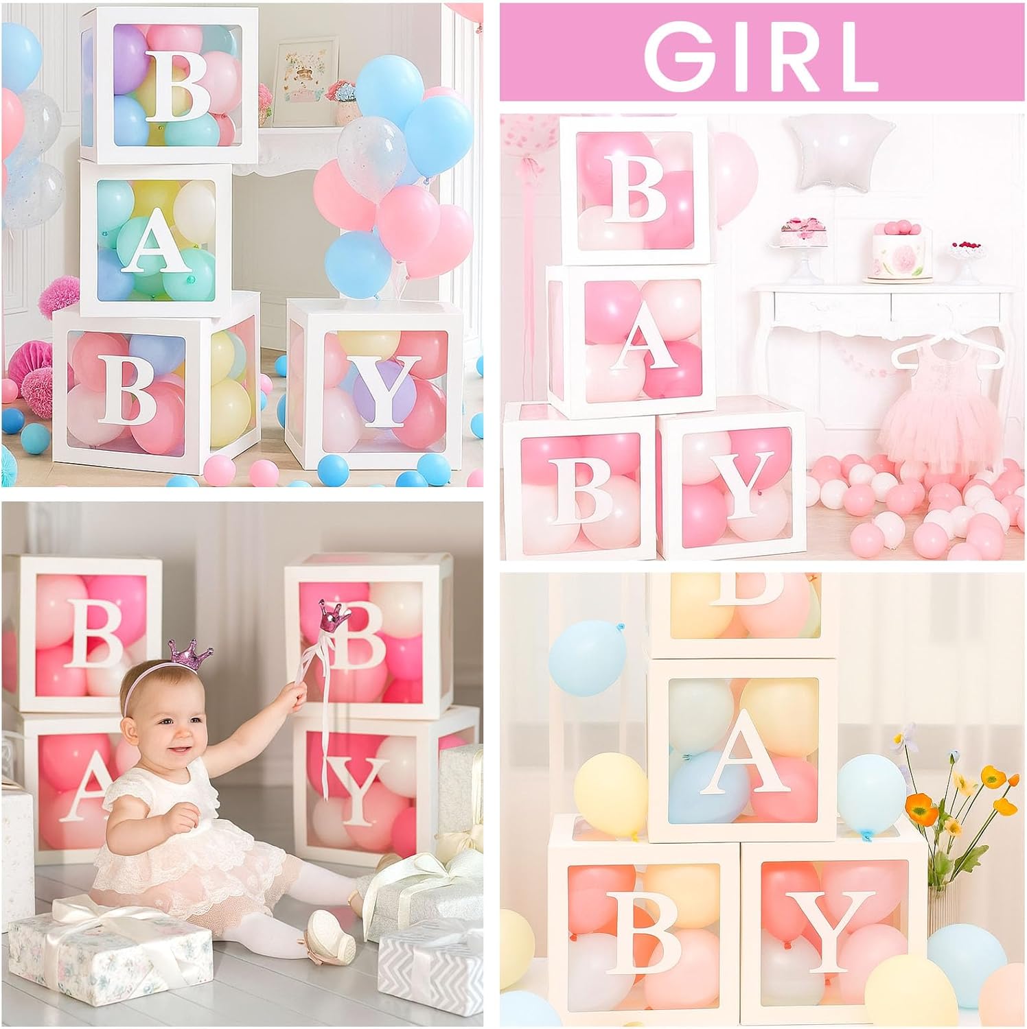 VGOODALL 4PCS Clear Balloon Boxes with Letters for Baby Showers