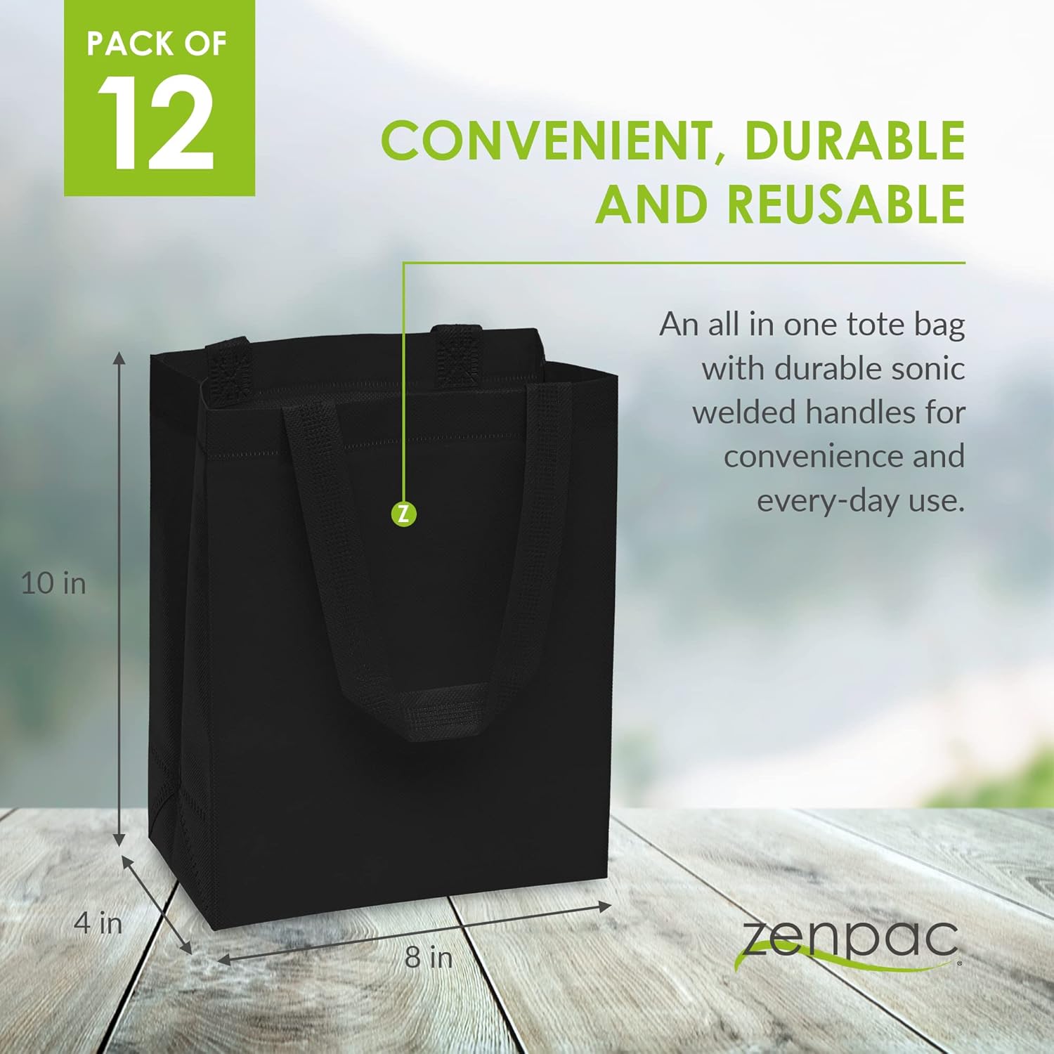 Zenpac Reusable Black Gift Bags with Handles 8x4x10 12 Pack
