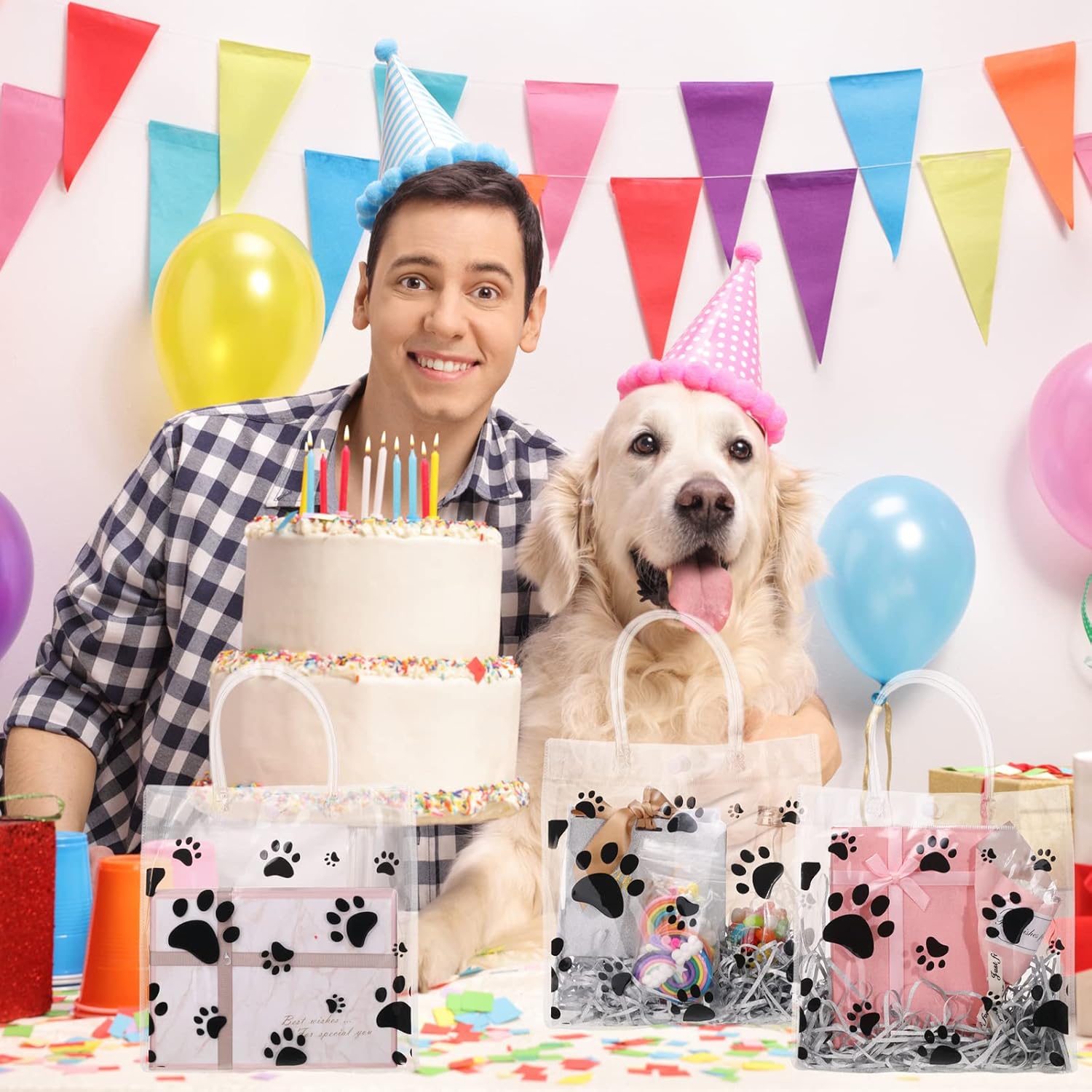 Teling 20-Pack Clear Dog Paw Gift Bags with Handles