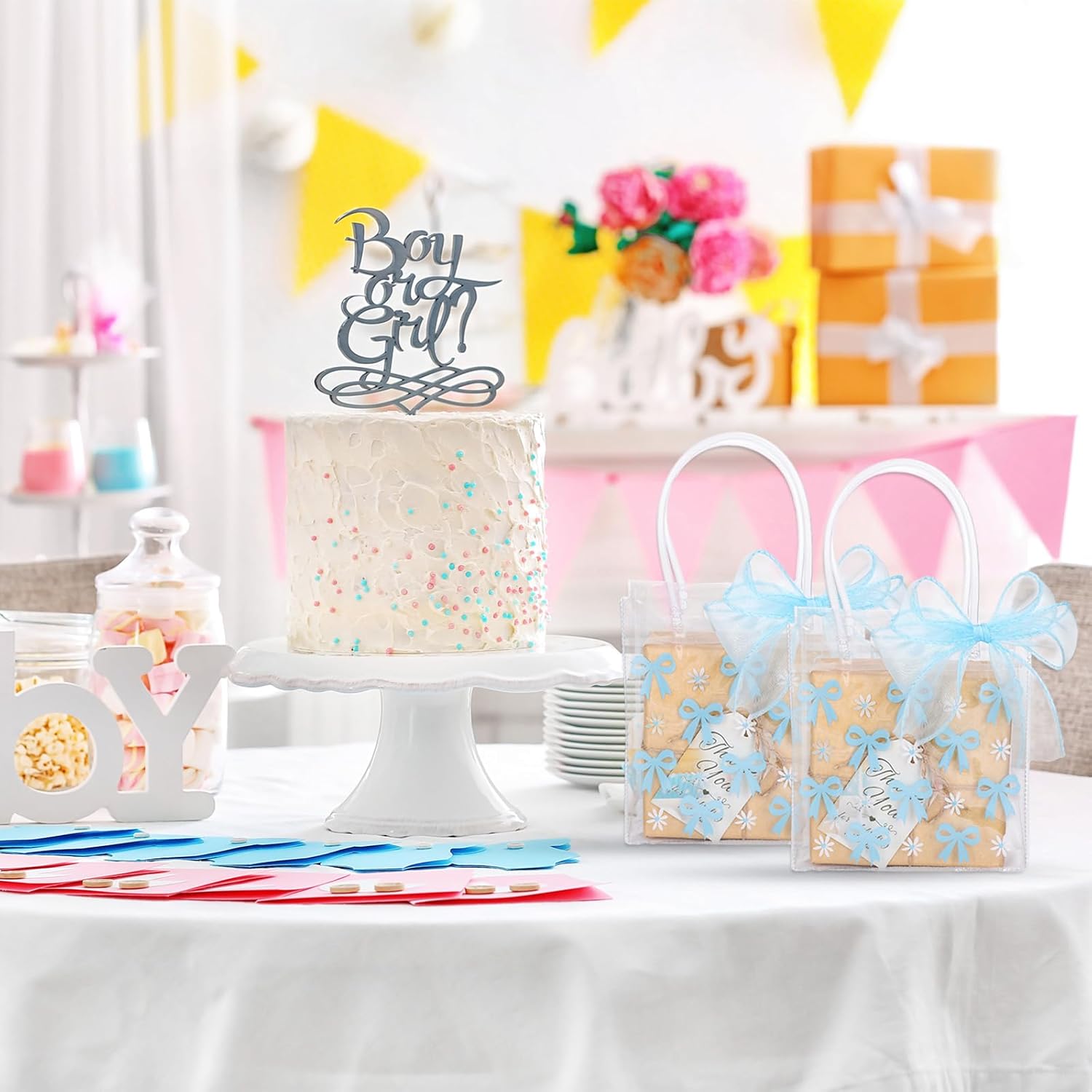 Whaline 12 Pcs Clear PVC Gift Bags with Blue Bowknot and Daisy Design